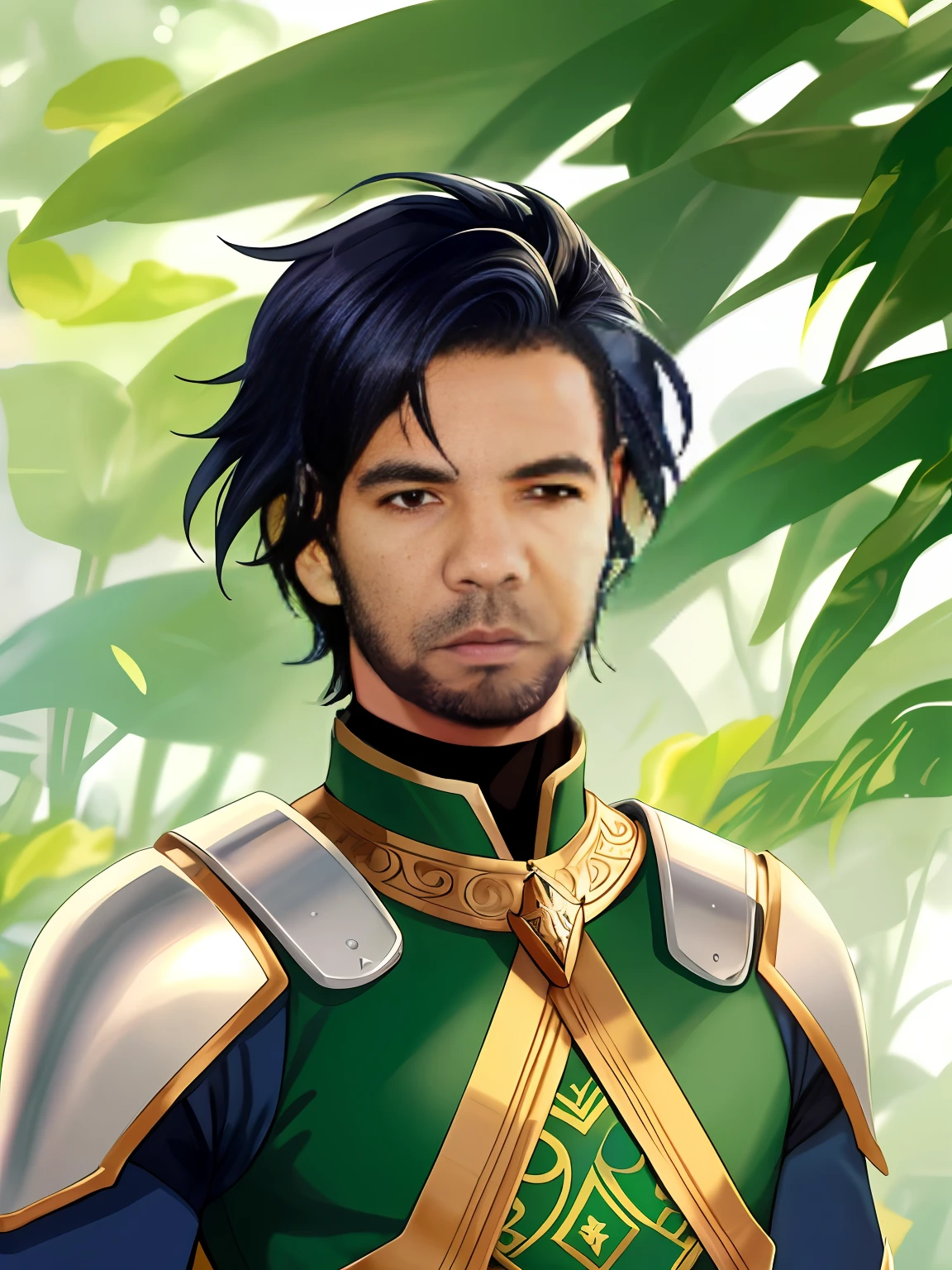 **homem moreno, barba, corpo inteiro, armadura prateada em detalhes em verde, com asas abertas douradas, na ponta das penas detalhes em vermelho, com uma espada de safira,Here are some guidelines specific to the avatar::  The avatar should be a realistic representation of the person in the image. The avatar should be stylized and should have a unique feel. The avatar should be of high quality and should be easy to see. The avatar should be versatile and should be able to be used in different contexts.