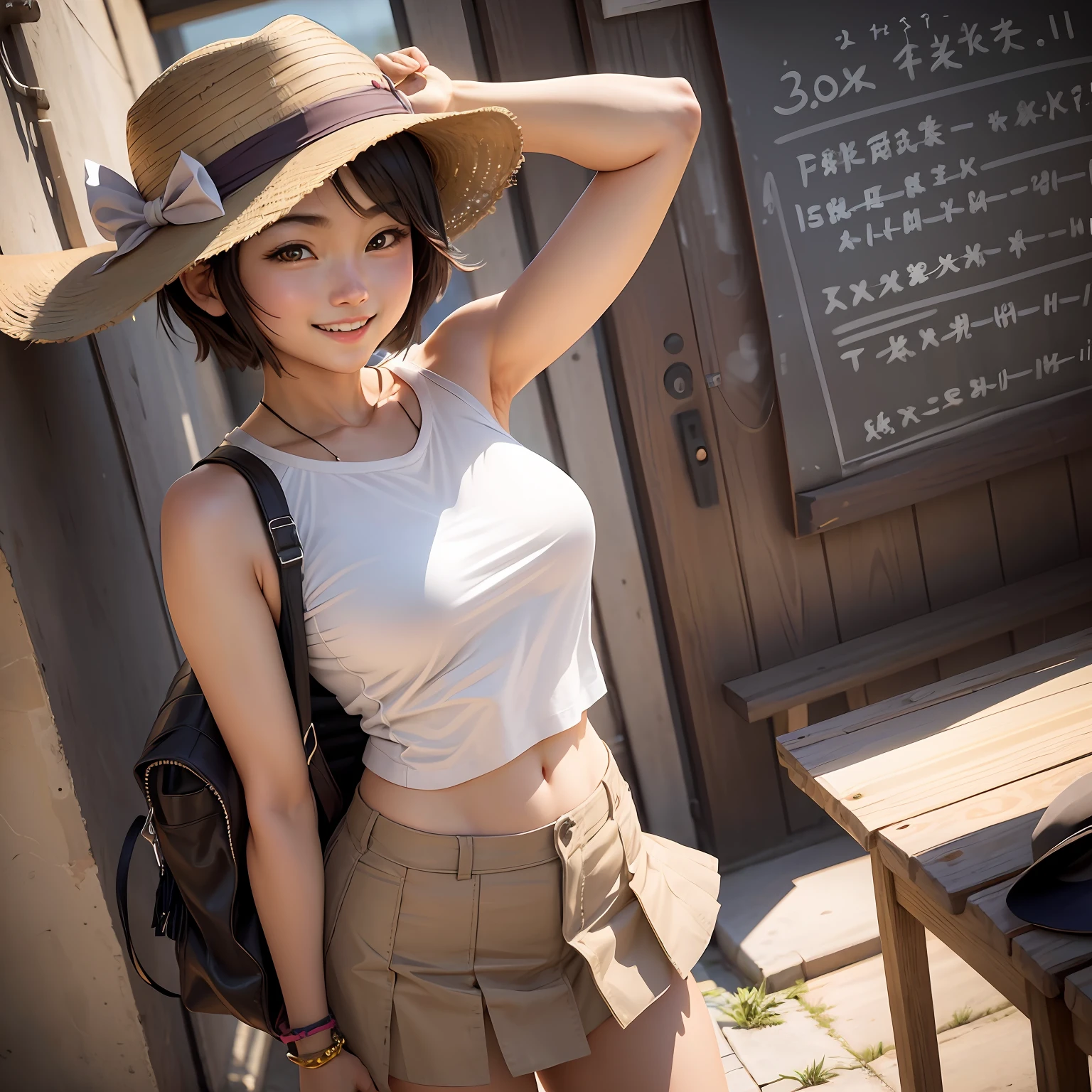 hi-school girl、japanes、a miniskirt、Tank tops、a straw fedora hat、short-cut、brawn hair、Photoreality、Girl with bright and lively smile。