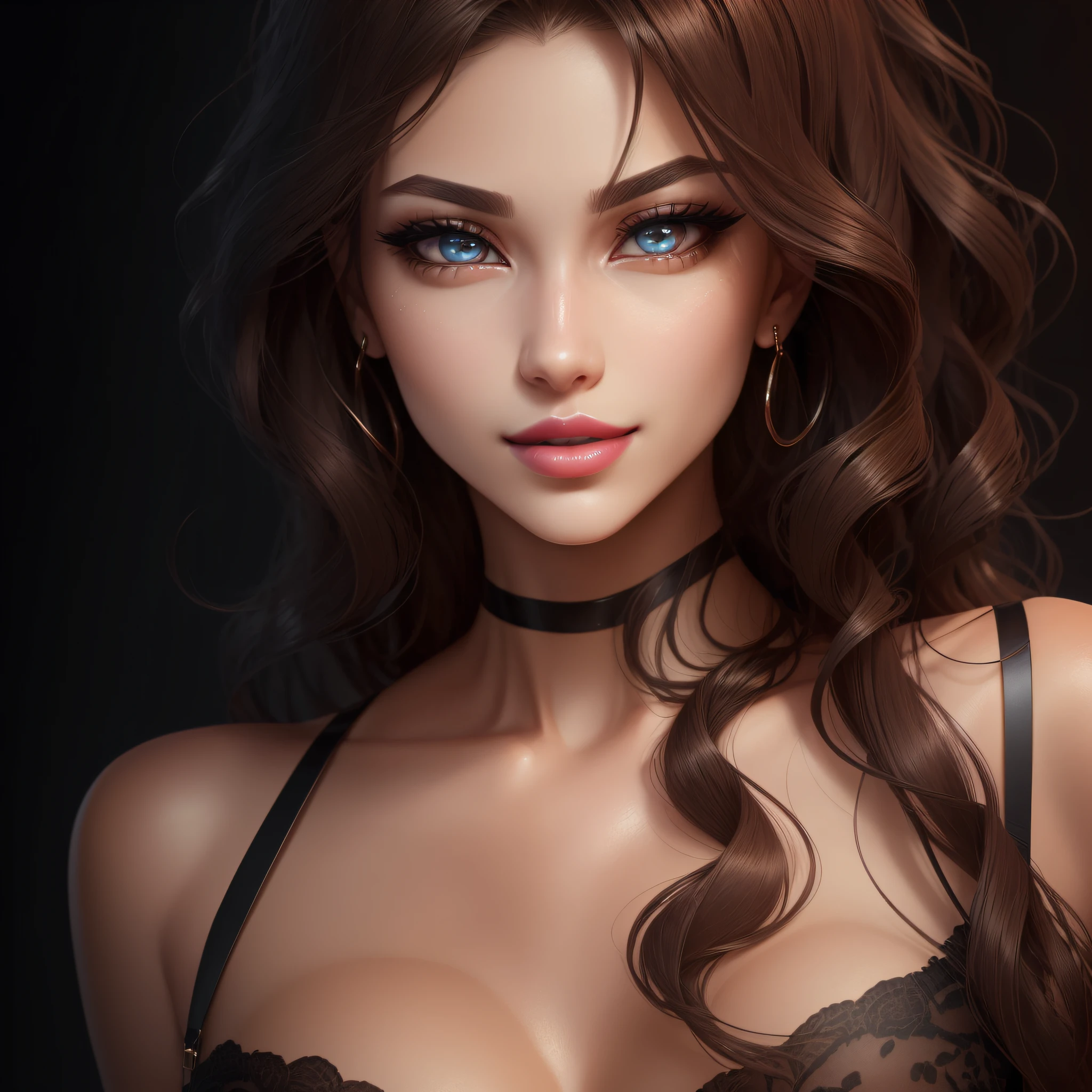 model pose, looking straight ahead, long wavy hair, black hair, symmetric eyes, seductive eyes, thin nose, full lips, wearing pink lipstick, closed mouth, discreet smile, perfect skin, hd photo, high resolution, high-resolution details, realistic anime art, absurd, flat blurred background, seductive woman, delicate face, 4k, Upscale, seductive eyes, (Detailed eyes), (brown eyes), narrow shoulders, (( stunning sexy woman)), (hyperdetailed face)++, ((Absurd)), (Masterpiece 1.5), (amazingly detailed), (((full body))), high quality, detailed skin, fine details, illustration , (masterpeace, best quality, high)