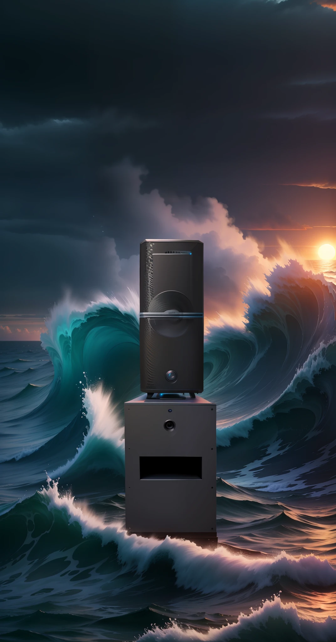 Masterpiece, ultra high-definition image quality, 4K, stormy waves, a speaker placed in the sea, sun, colorful clouds