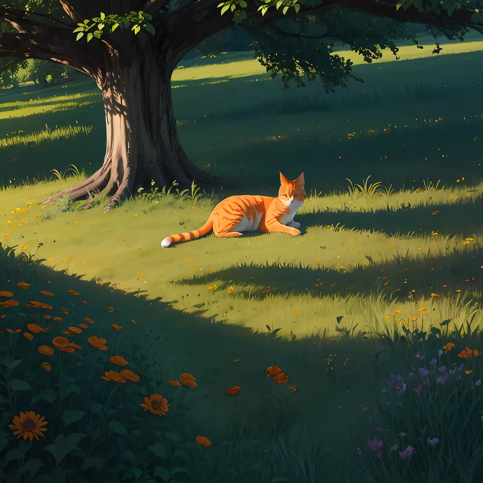 Adult orange cat in open meadow,Against a big tree,Sleep in the shadows --auto