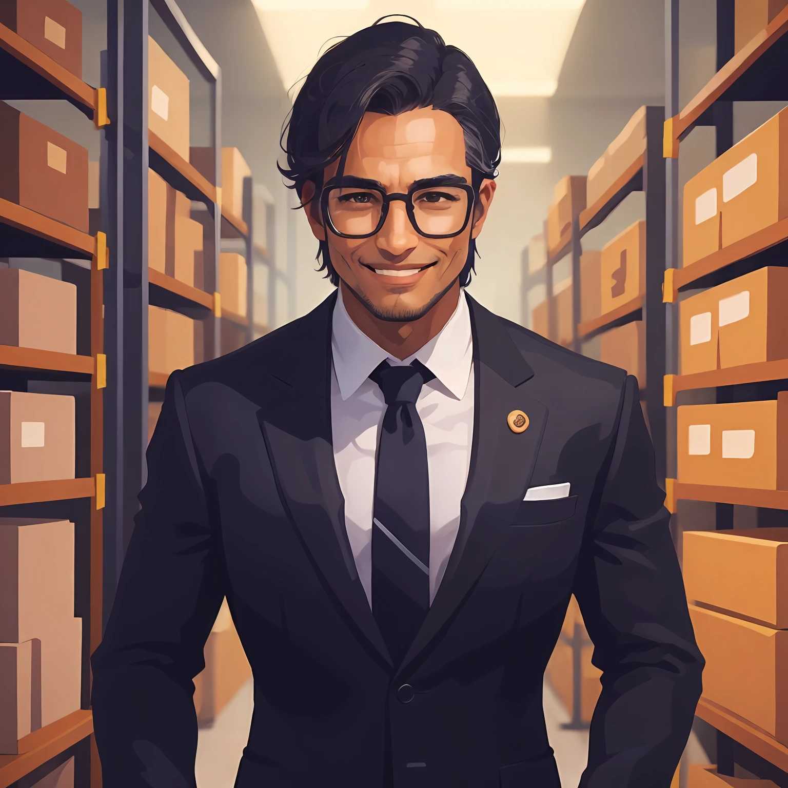 A man, with oily hair, gold-wire glasses, and a black suit, walked over with a smile, holding a contract in his hand, short black hair, in a huge warehouse, piled with meat, highly real, UHD, chiaroscuro, super detailed --auto