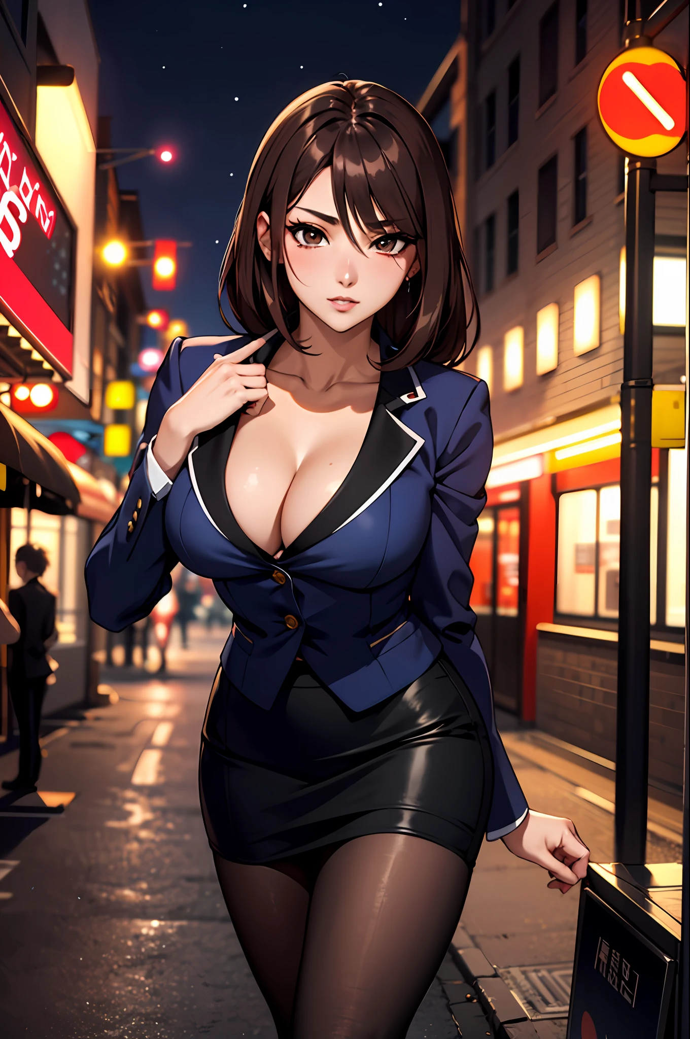 Bewitching anime woman in blue suit and tight skirt、Black tights、Inviting look、black top and brown hair,,,,Ecchi anime style,  lean forward to show your breasts,Kamimei,Red Light District at Night,neons、Career Woman