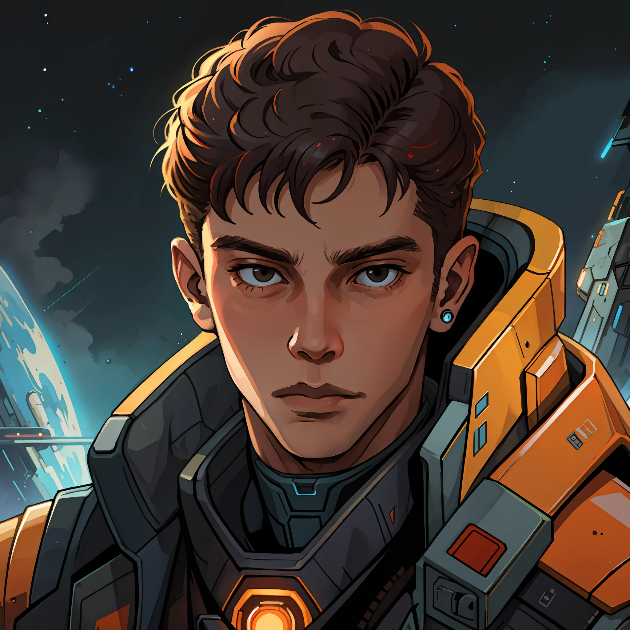 masterpiece, best quality, realistic, ultra detailed, sfw, head shot, a portrait of a young man, starsector, sci-fi style suits, hight-tech gadgets, head facing right,