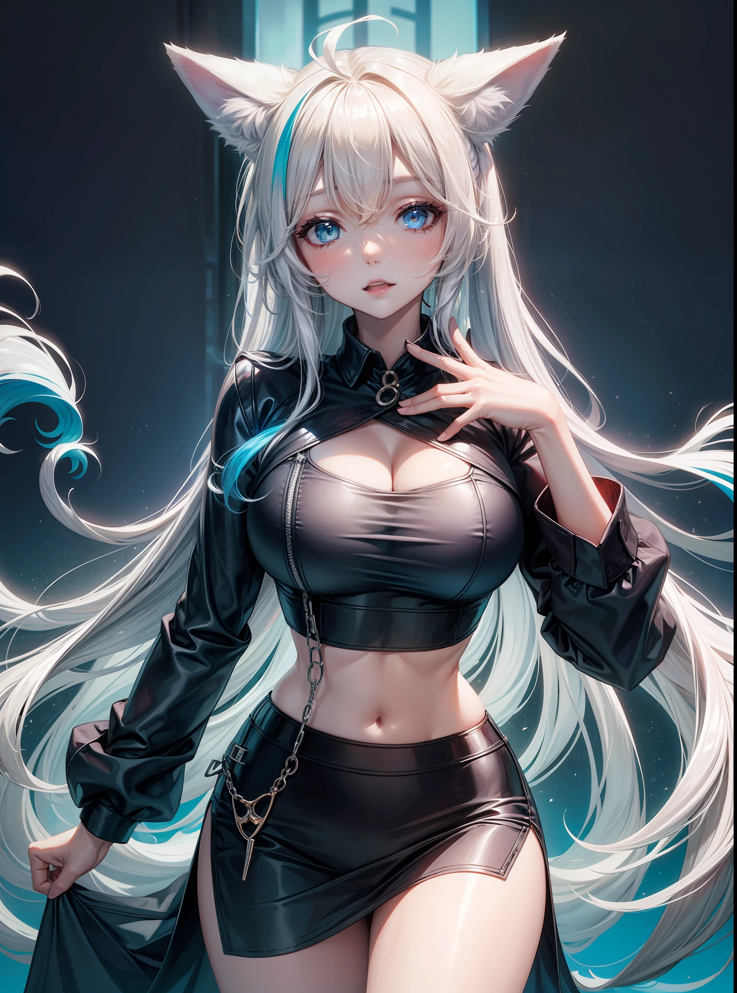 woman,White fox ears,white long curly hair,blue color eyes,Black dress,