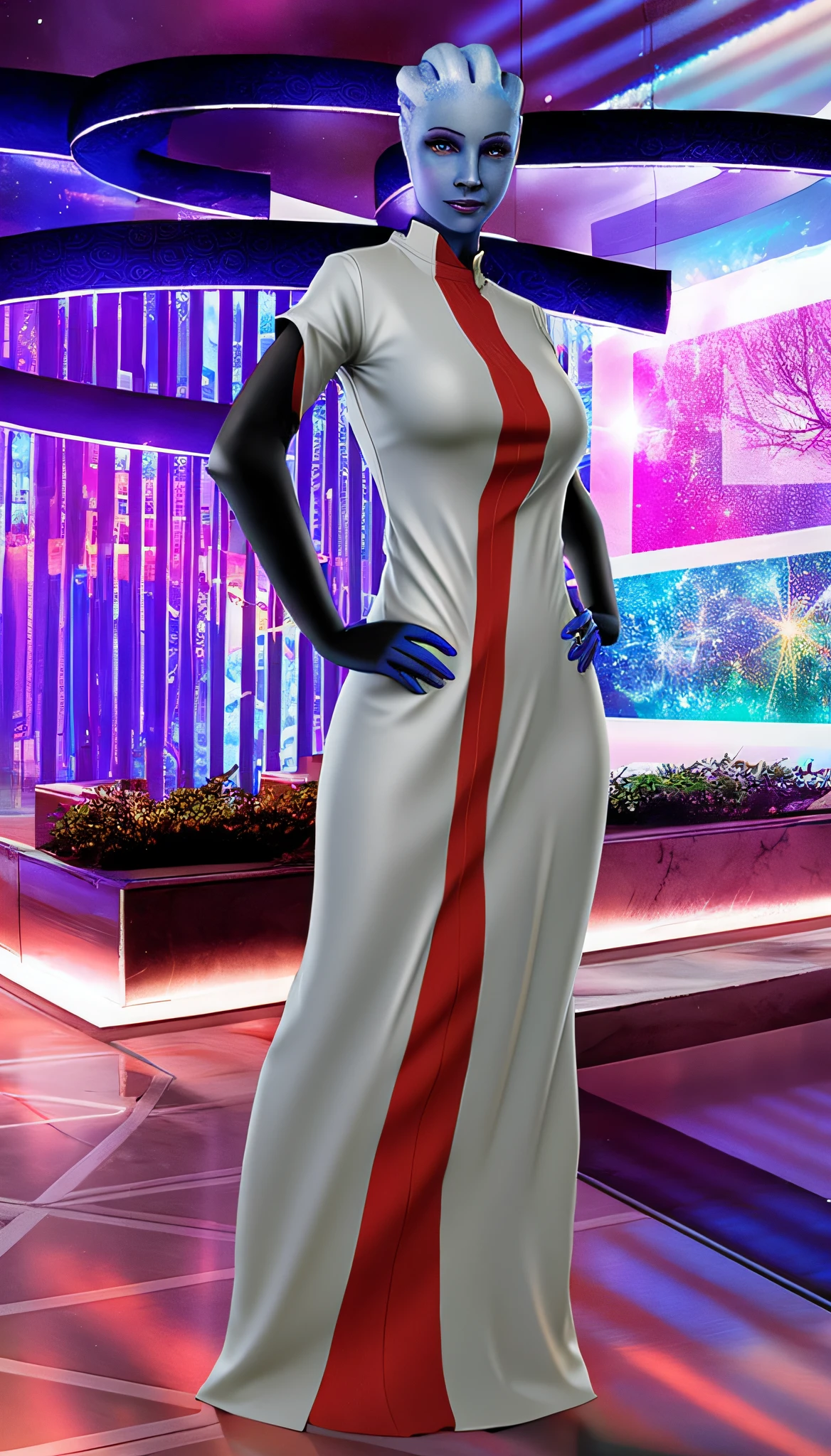 Liara, Asari, mulher com olhos azuis escuros vestindo ((vestido colado no corpo, real)), pele apertada (mangas pretas), tiro busto de tronco, decote, peito grande, ambiente amarelo quente, sorriso sedutor, cinematic lighthing, obra-prima, 4k, modelshoot,