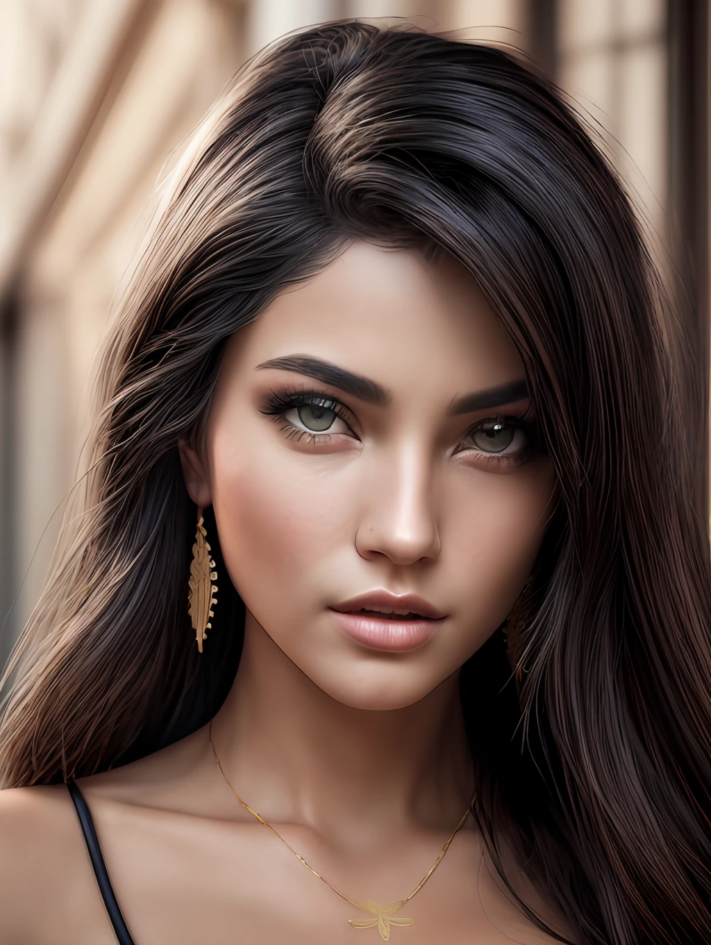 (RAW, analogue, Nikon Z 14mm ultra-wide angle lens, award-winning glamour photograph, ((best quality)), ((masterpiece)), ((realistic)), tessellation, ambient occlusion, ray-tracing, subsurface scattering, radiant light rays, high-res, detailed facial features, high detail, sharp focus, smooth, aesthetic, extremely detailed, (extremely detailed eyes, extremely detailed iris), extremely detailed hair, extremely detailed skin, extremely detailed clothes, octane render, photorealistic, realistic, post-processing, max detail, realistic shadows, roughness, natural skin texture, real life, ultra-realistic, photorealism, photography, 8k UHD, photography, hdr, intricate, elegant, highly detailed, sharp focus, stunning, beautiful, gorgeous), 8k portrait of beautiful woman with long straight black hair, soft blue eyes, wearing a bikini top made out of string , intricate, elegant, highly detailed, majestic, digital photography, surreal painting gold butterfly filigree, broken glass, (masterpiece, sidelighting, finely detailed beautiful eyes: 1.2), HDR, full body portrait