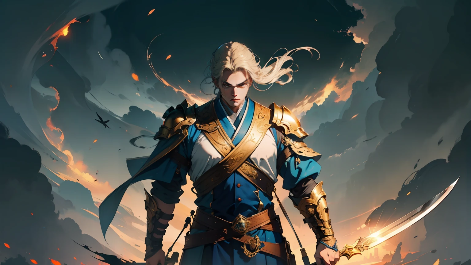 Strong man,Holding a large golden knife,Beautiful CG quality,Clear and detailed description,Hearty shots,Rich and superb local details,Intoxicating light and shadow effects,Beautiful and beautiful overall atmosphere