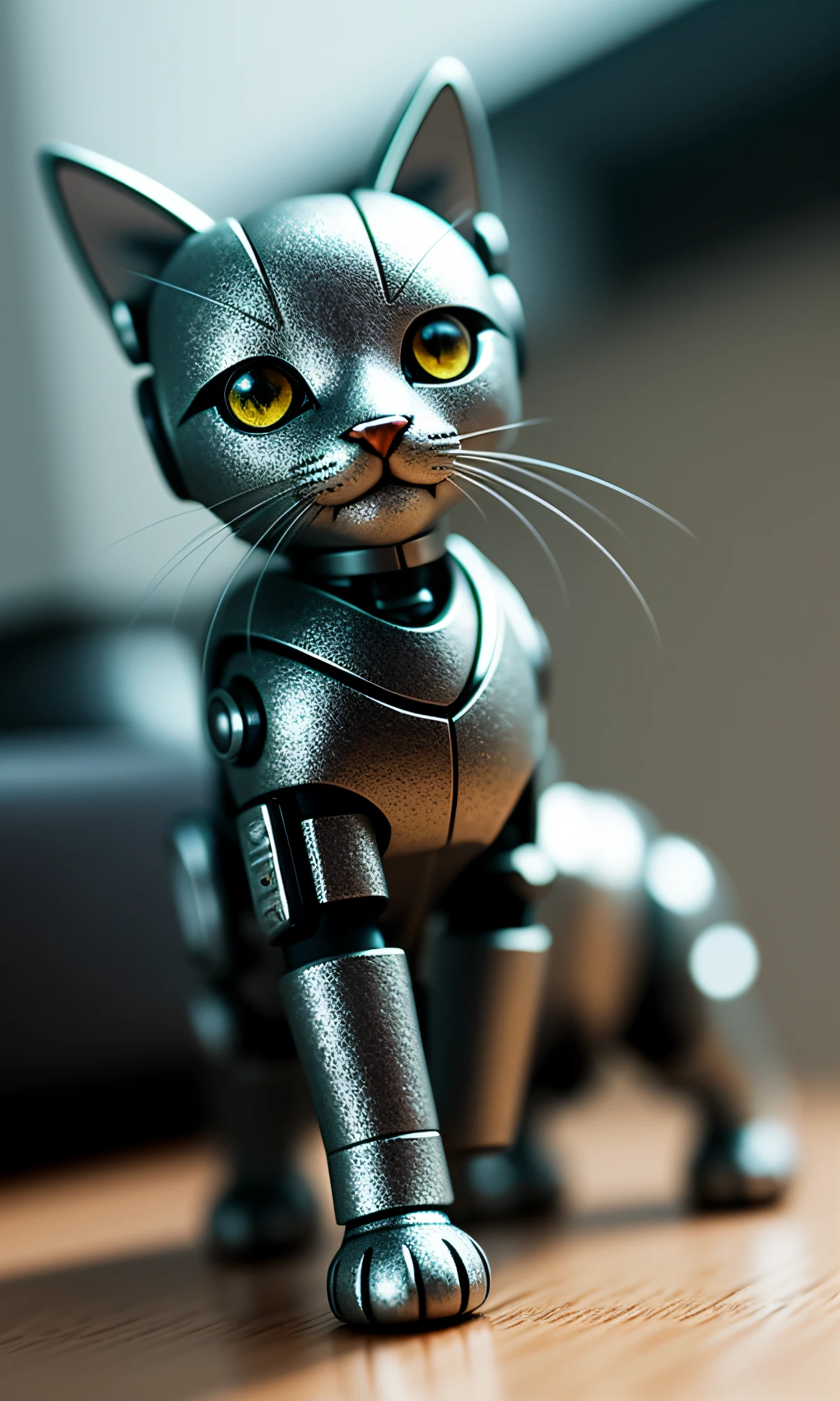cute kitten made of metal, (cyborg: 1.1), ([tail | detailed wire]: 1.3), (complex detail), HDR, (complex detail, super detail: 1.2), cinematic shot, vignette, center