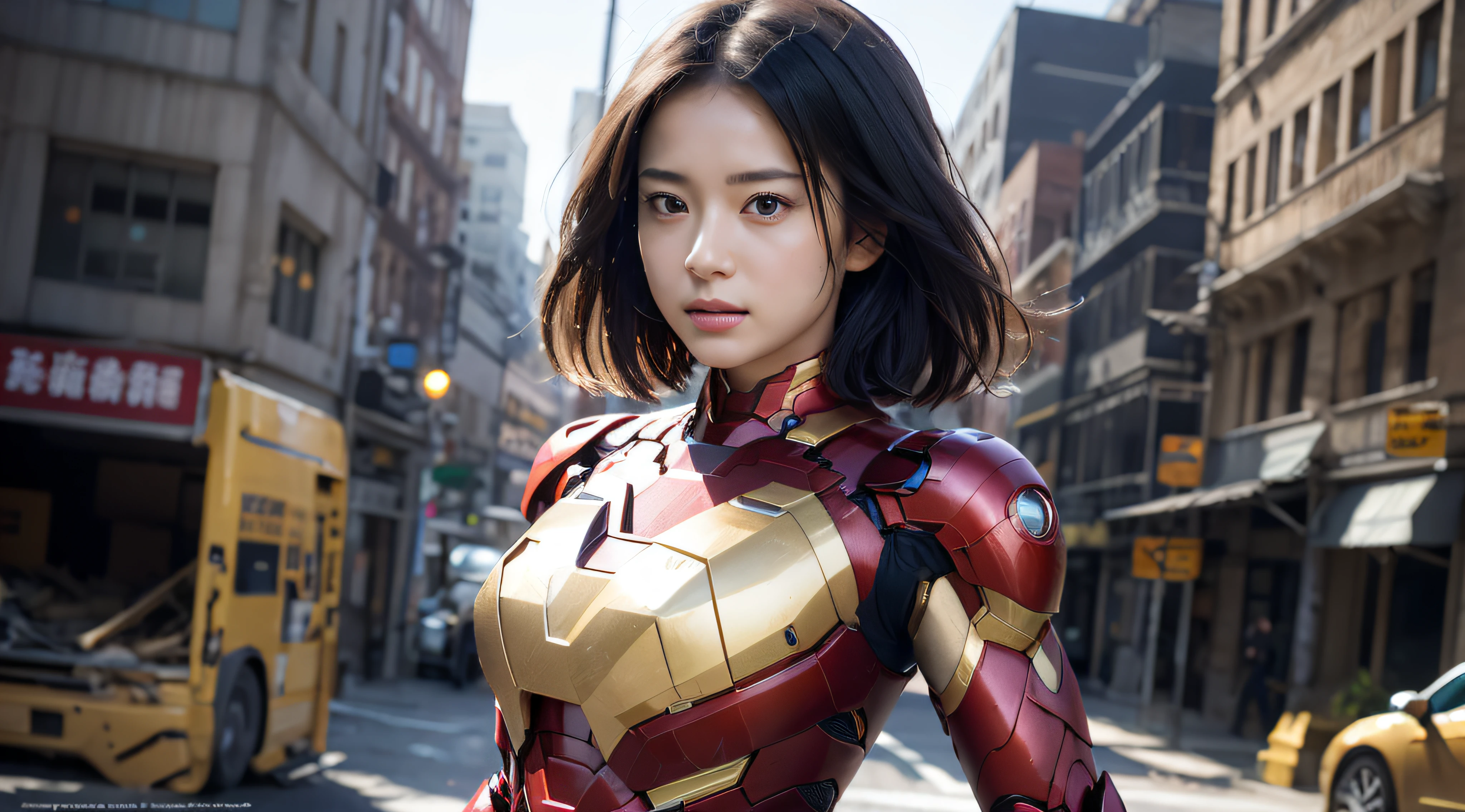 (8K,RAW photos,超高分辨率,best qualtiy,tmasterpiece:1.2),(photorealistic illustration),(Extremely detailed CG Unity 8K wallpaper),absurderes, 1个Giant Breast Girl,21yo,beauitful face,with short black hair,Whole body diagram,Wrapped in golden armor,Female Iron Man,Doomsday Scenes,废墟,Lightning effects,Combustion vehicles,Broken buildings,Dressed all over in golden armor