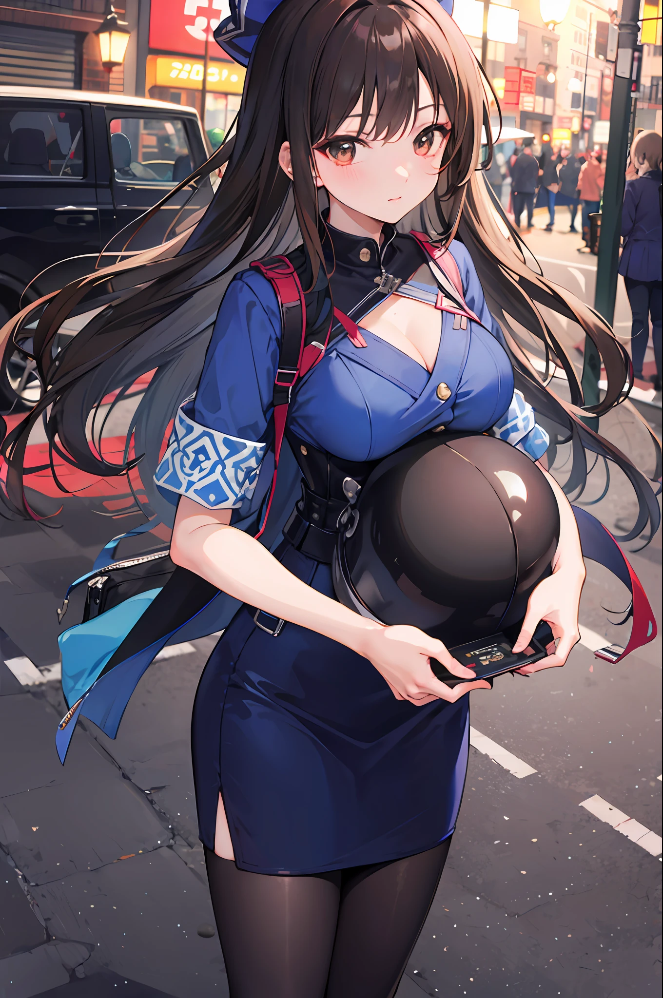 Bewitching anime woman in blue suit and tight skirt、Black tights、Inviting look、black top and brown hair,,,,Ecchi anime style,  lean forward to show your breasts,Kamimei,Red Light District at Night,neons、Career Woman