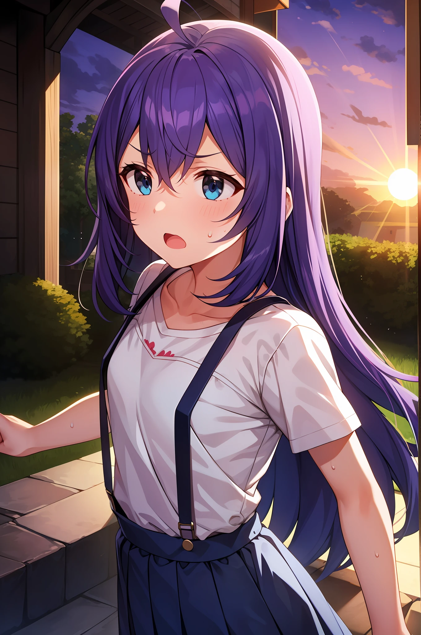 mochizuki anna,1girl in,Solo,Long hair,Purple hair,Medium chest.Ahoge,Blue eyes.Short stature.white t-shirts.suspenders.Skirt.Evening glow.the setting sun.Despair face.Sweat.Opening Mouth.up chest.Fighting stance.