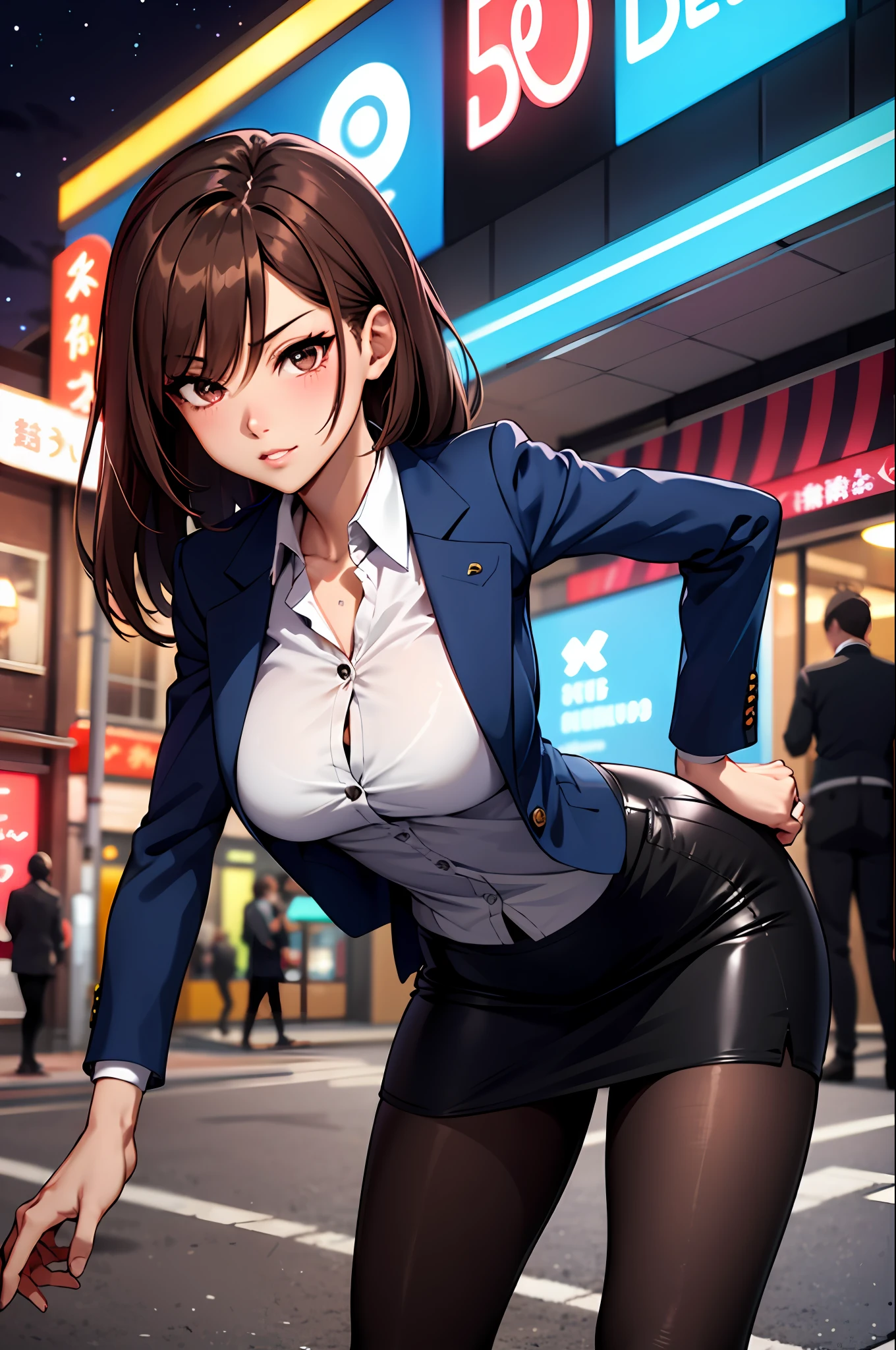 Bewitching anime girl in blue suit and tight skirt、Black tights,Inviting look、Buttoned shirt and brown hair,Ecchi anime style, bending forward,Kamimei,Red Light District at Night,neons