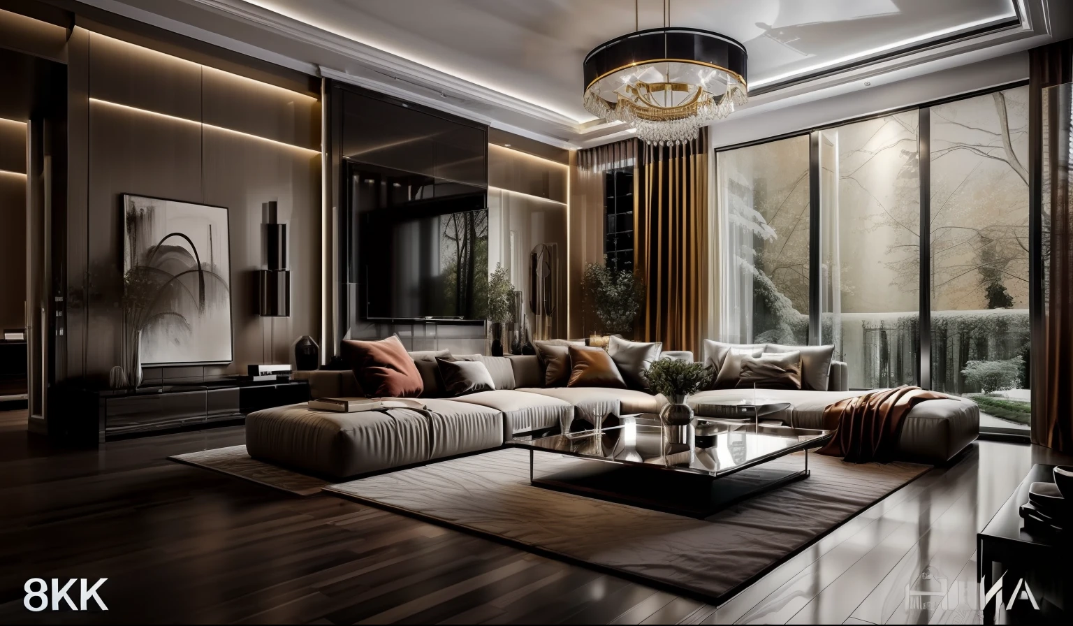 ((Best quality, 8k, Masterpiece :1.3)) (living room minimalist design: 1.3)  minimalist furniture , sofa , plaster ceiling , glossy mable floor , ink art , wall panel