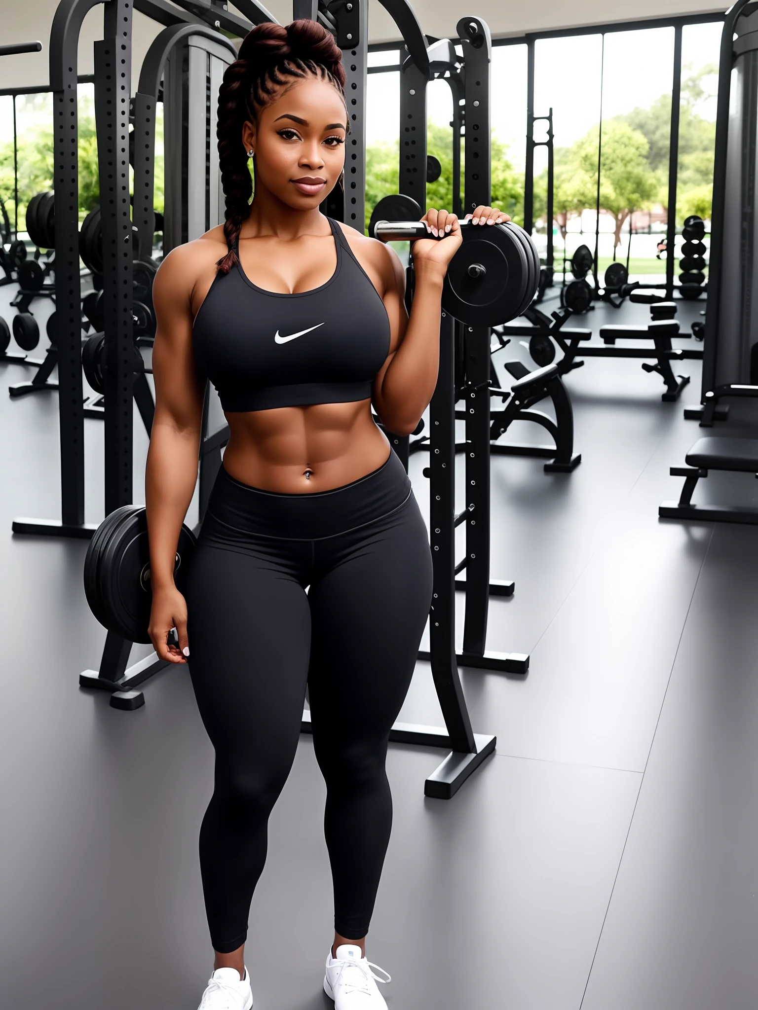 "Photo of a black woman with athletic body, bunda e seios grandes, wearing gym clothes and braids in her hair."