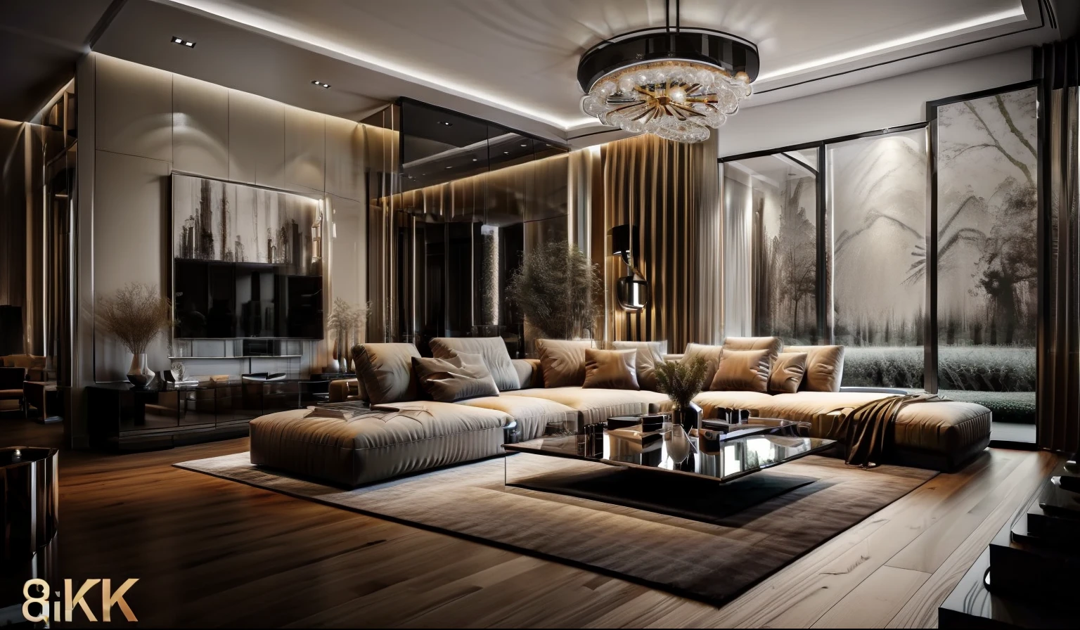 ((Best quality, 8k, Masterpiece :1.3)) (living room minimalist design: 1.3)  minimalist furniture , sofa , plaster ceiling , glossy mable floor , ink art , wall panel