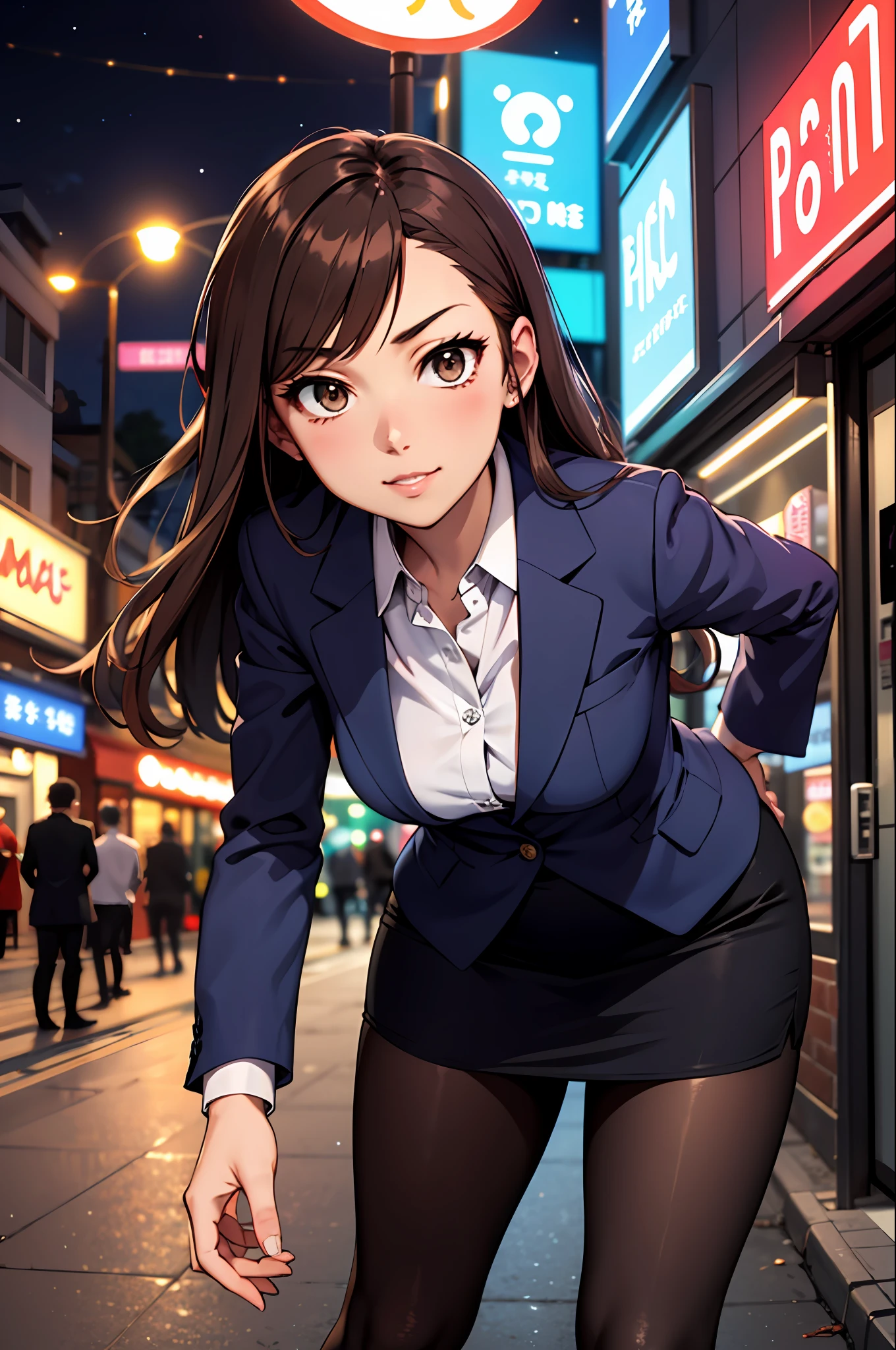 Bewitching anime girl in blue suit and tight skirt、Black tights,Inviting look、Buttoned shirt and brown hair,Ecchi anime style,  bending forward,Kamimei,Red Light District at Night,neons