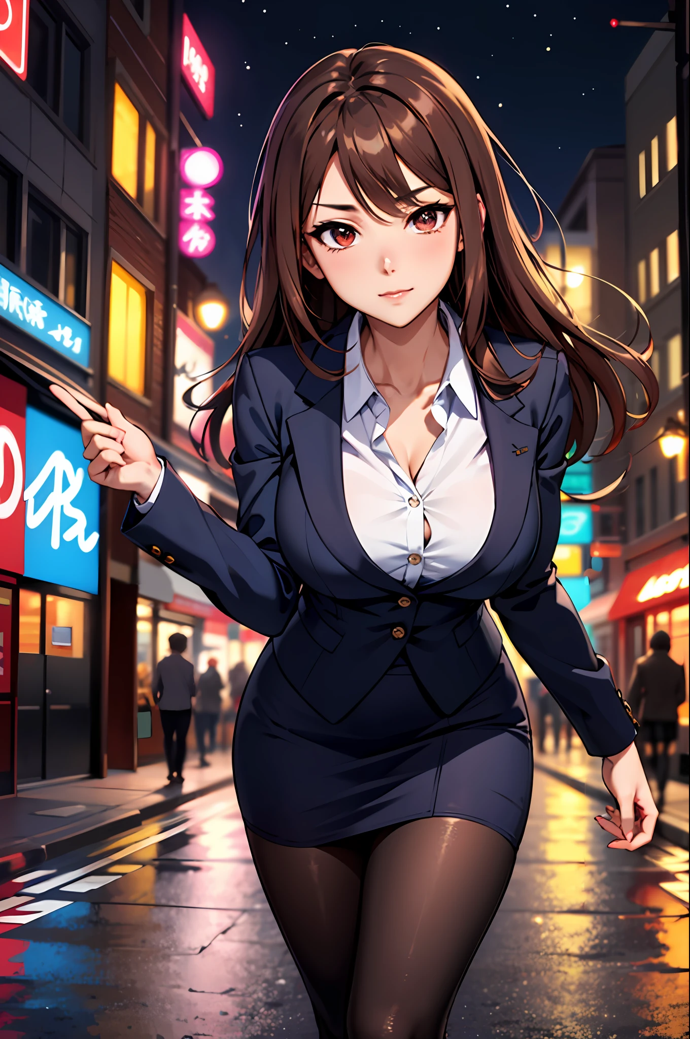 Bewitching anime girl in blue suit and tight skirt、Black tights,Inviting look、Show off your chest、Shirt and brown hair,Ecchi anime style, bending forward,Kamimei,Red Light District at Night,neons、Bokeh in the background