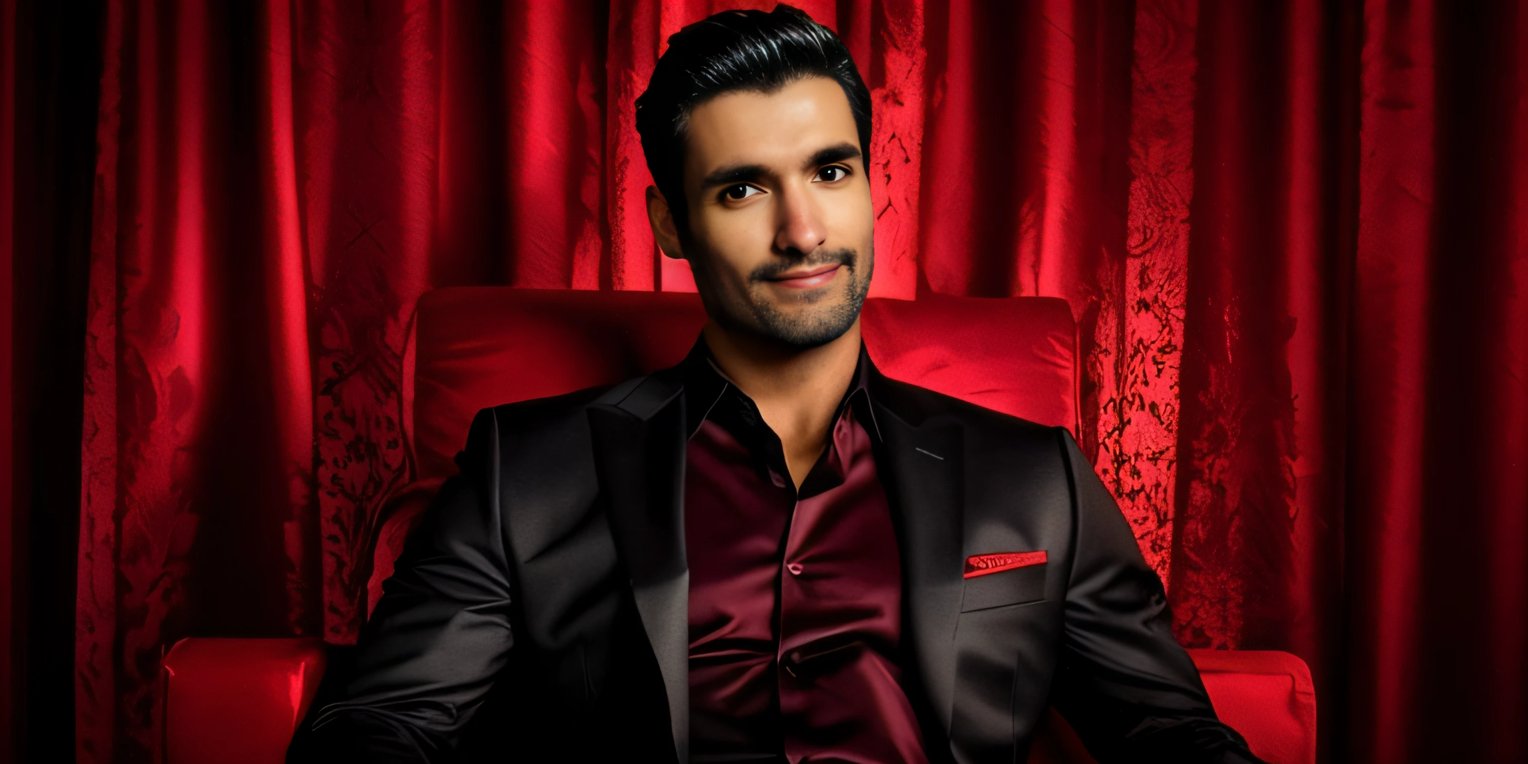 Homem de terno preto sentado em uma cadeira vermelha, Lucifer's, a Estrela, Lucifer's, Imagem promocional, imagem promocional, promo ainda, homem bonito, foto promocional, programa de tv ainda, foto oficial, um bonito, oficial, no fundo vermelho