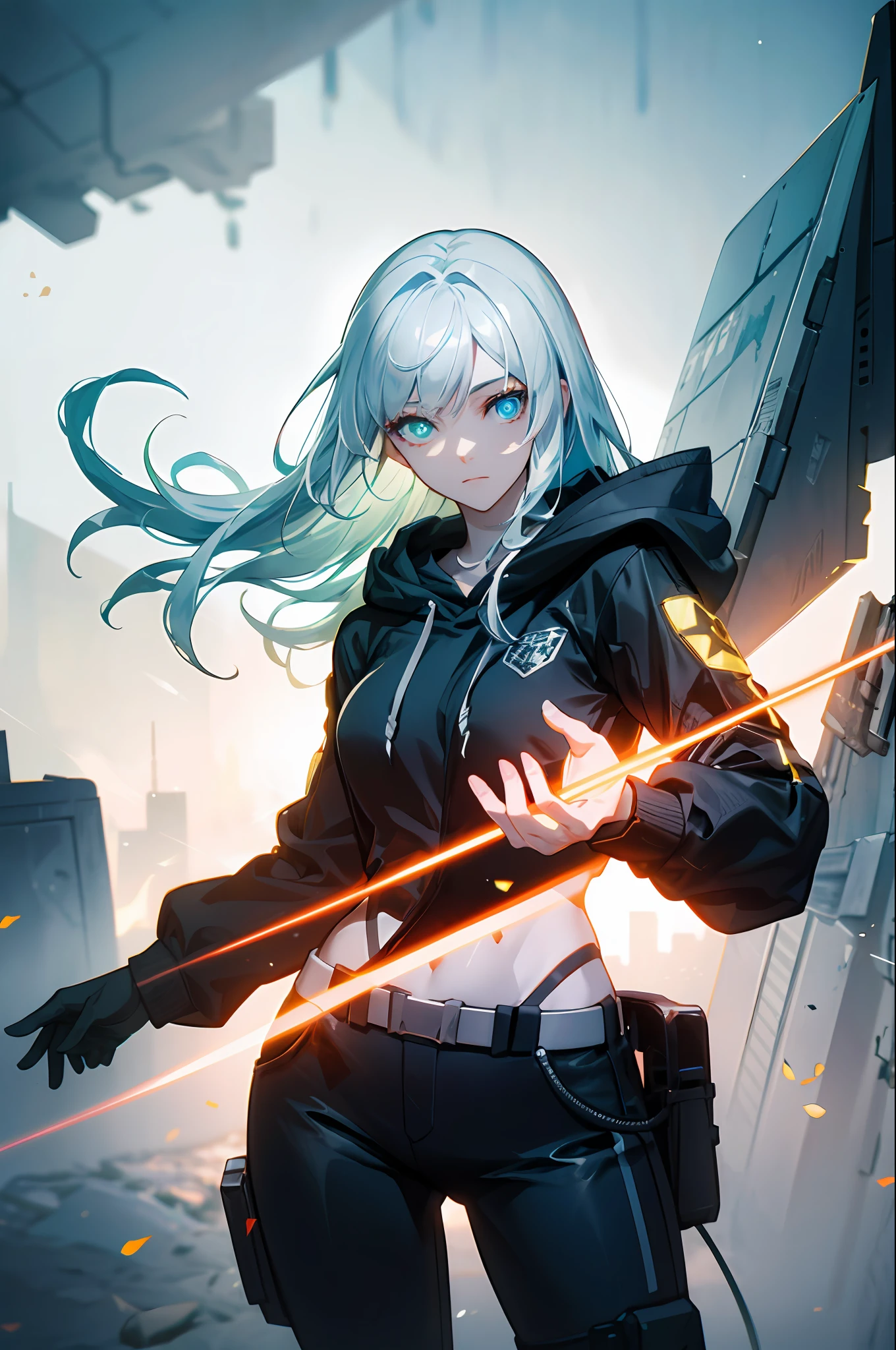 Smoke, postapocalypse, The ruined backdrop of the city, buildings on fire, spaceship in the sky, science-fiction, (shapely body: 1.4), a 1girl, (Long white hair: 1.4), Cyan eyes, Black pants, black big sweatshirt, hood, Cyberpunk clothes, HDR (High Dynamic Range), ray traced, NVIDIA RTX, Over-resolution, Unreal 5, sub-surface Scattering, текстурирование PBR, postprocessed, Anisotropic filtering, Depth of field, Maximum clarity and sharpness, Multi-layer Textures, Albedo and specular maps, Surface shading, Accurate Light-Material Interaction Simulation, Octane rendering, duotone lighting, Low ISO, White balance, the rule of thirds, Wide aperture, 8K RAW, efficient sub-pixel, sub-pixel convolution, (luminescent particles: 1.4), {{tmasterpiece, beste-Qualit, extremely detailed CGI, Unity 8k壁纸, 3d, 电影灯光, lens flares}},
