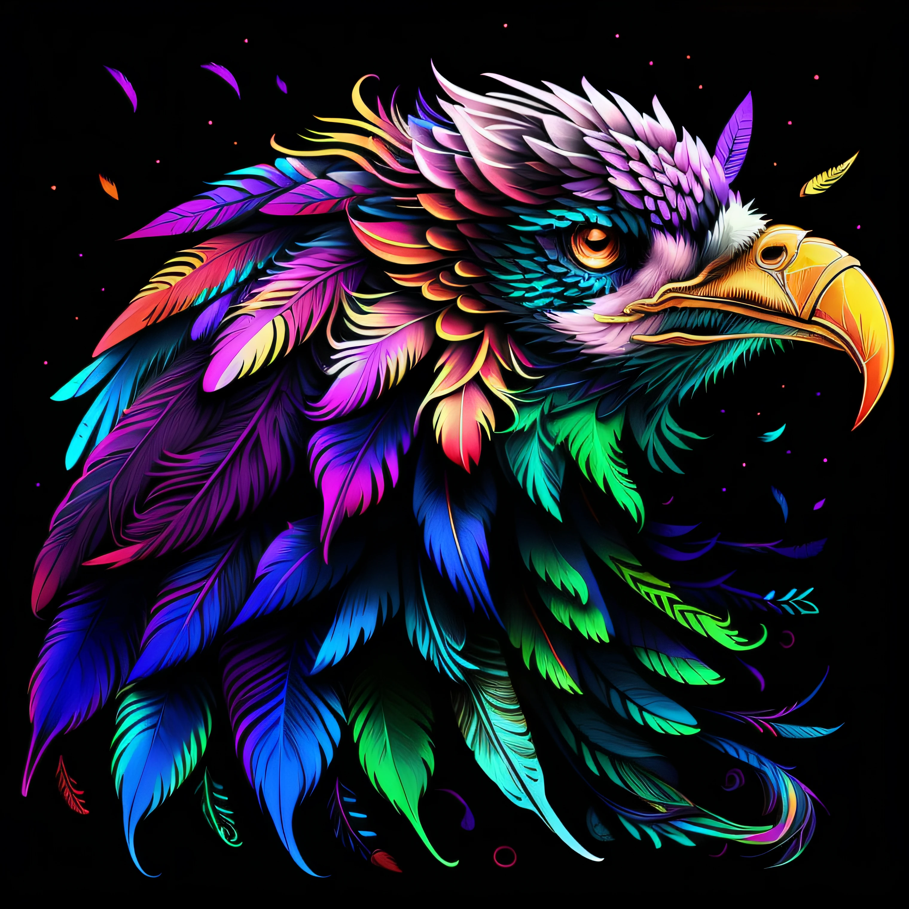 Colorful feathers on black background,colorful feather,Feather ornament,super detailed color art,rainbow gradient bloom,A colorful and intricate masterpiece,Detailed art in color,An intricate color masterpiece,super detailed color art,Psychedelic art style,Complex color,Gorgeous feather design,vibrant, High contrast shadows,Colorful vector art、(1bird、aigle)