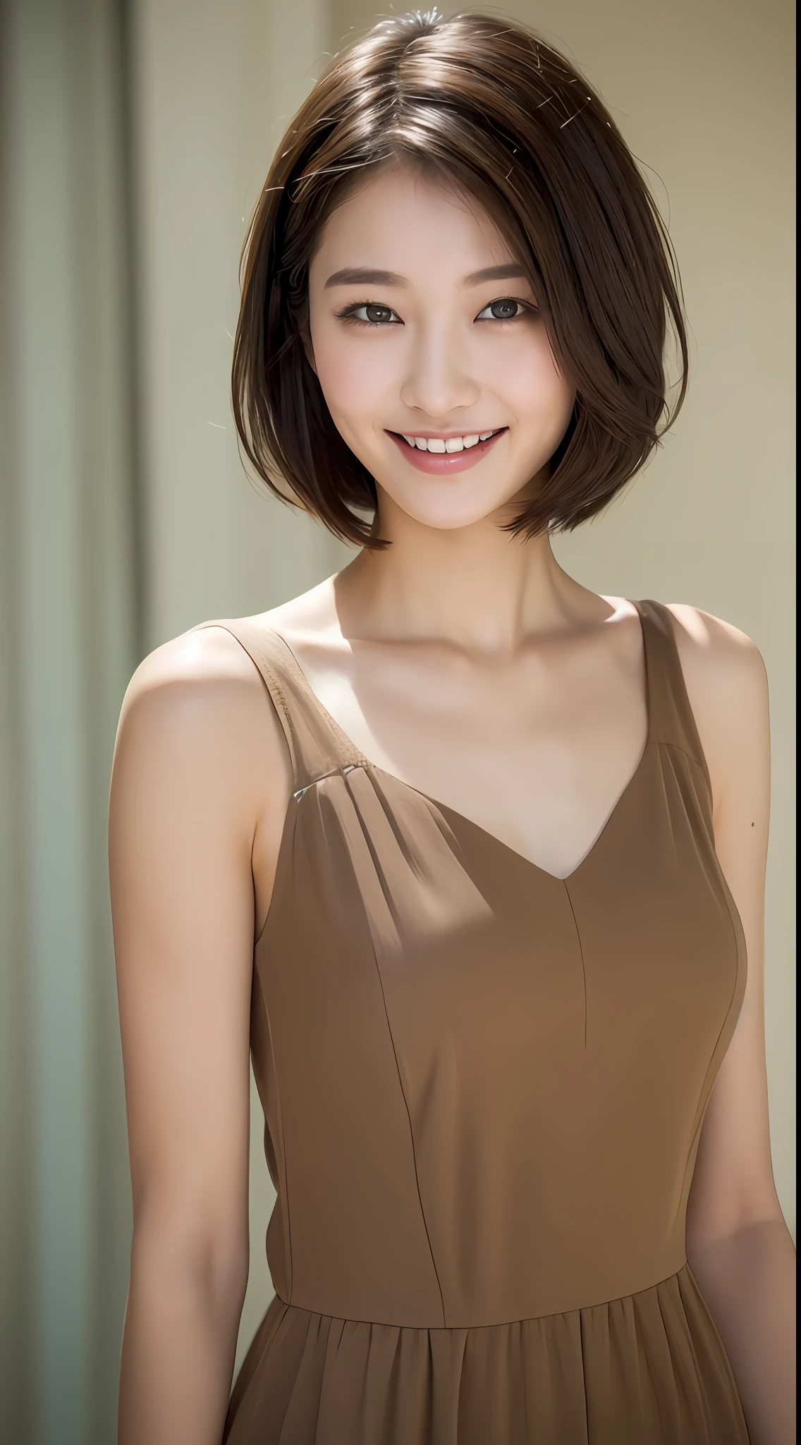 ((Best Quality, 8K, Masterpiece: 1.3)), 1 Girl, Slim Abs Beauty: 1.3, (Hairstyle Brown Hair Shortcut, Big: 1.2), Dress: 1.1, Super Slender Face, Delicate Eyes, Double Eyelids, Smile, Home, Raw Photo