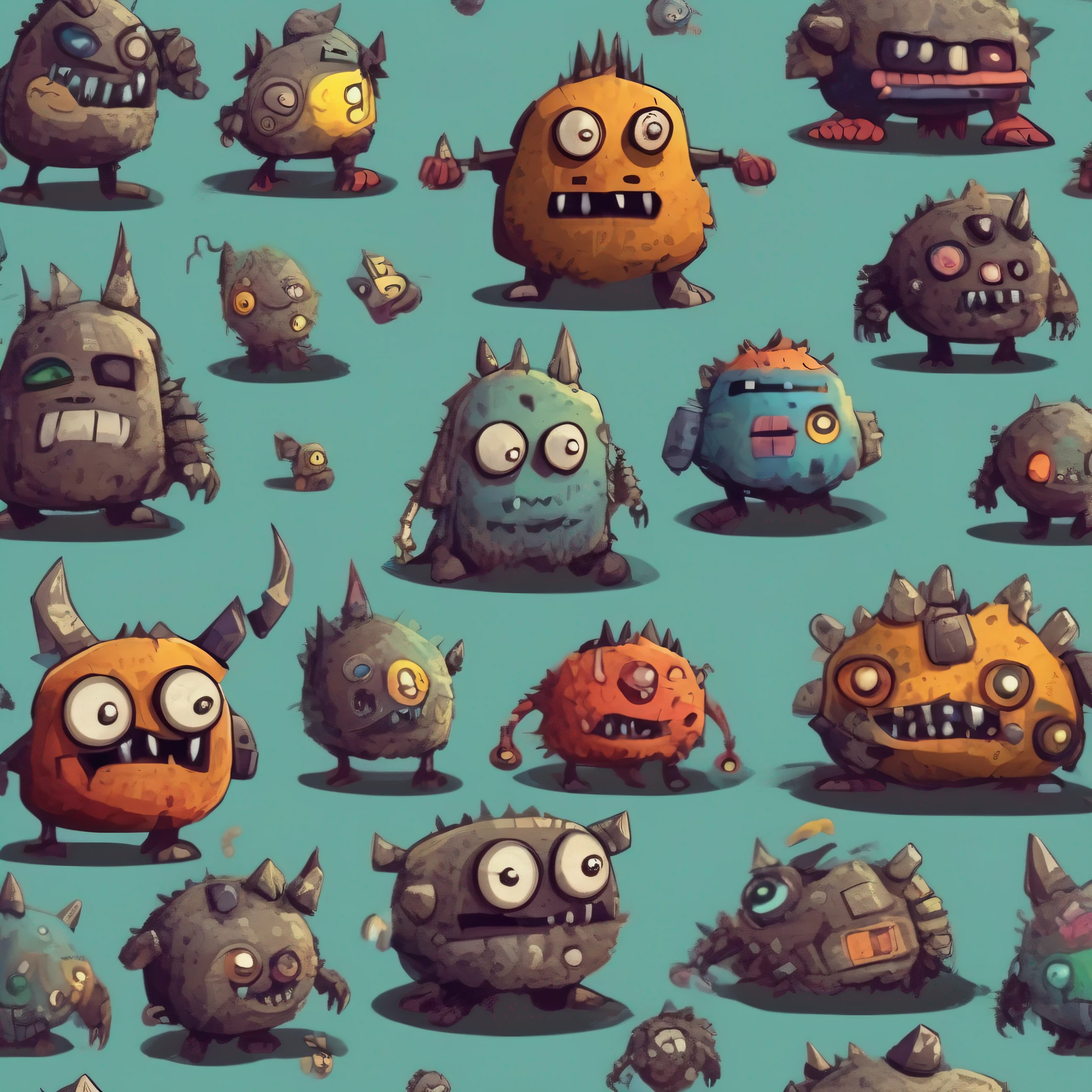 small bad monsters for a videogame, digital illustration style, monsters made with rocks or iron,made of car scraps and technological objects, ugly, the monsters are small