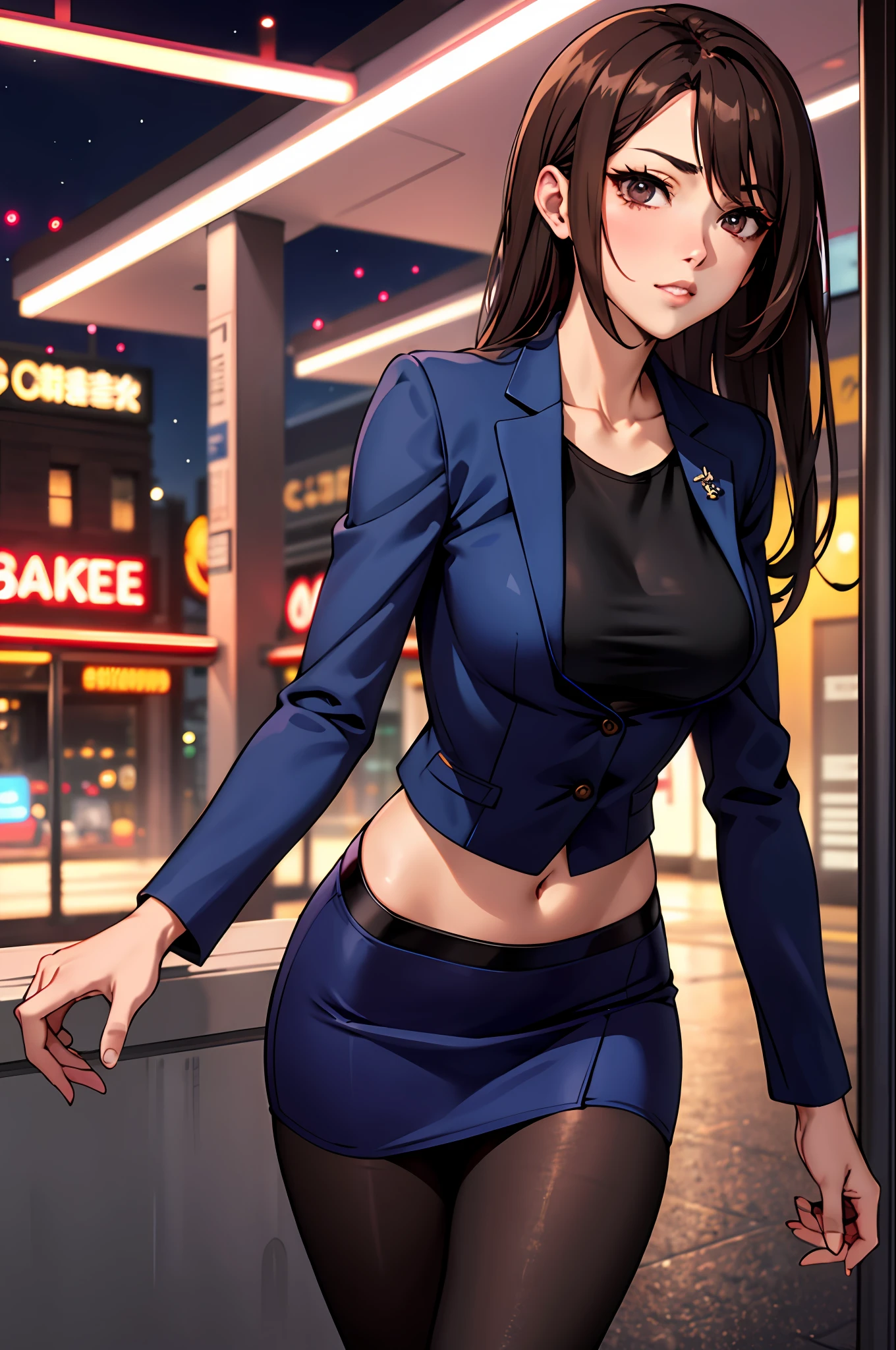 Bewitching anime woman in blue suit and tight skirt、Black tights、Inviting look、black top and brown hair,,,,,Ecchi anime style,  Lean forward to show your chest,Kamimei,Red Light District at Night,neons、Career Woman