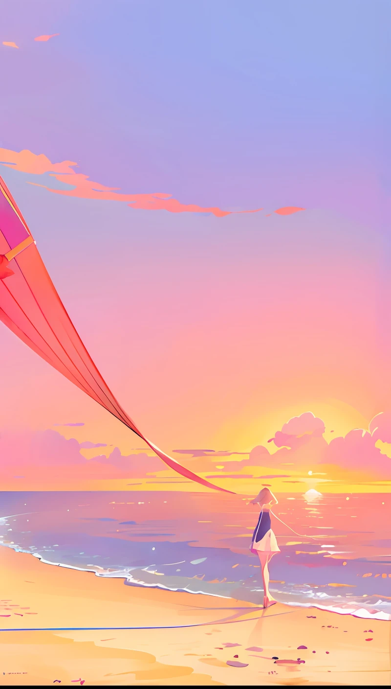 A woman walks on the beach with a kite at sunset, blurry and dreamy illustration, looking out at a pink ocean, watching the sunset. Anime, ((Sunset)), by Atey Ghailan, girl watching sunset, sunset illustration, Makoto Shinkai. —h 2160, beautiful girl on the horizon, Makoto Shinkai Cyril Rolando