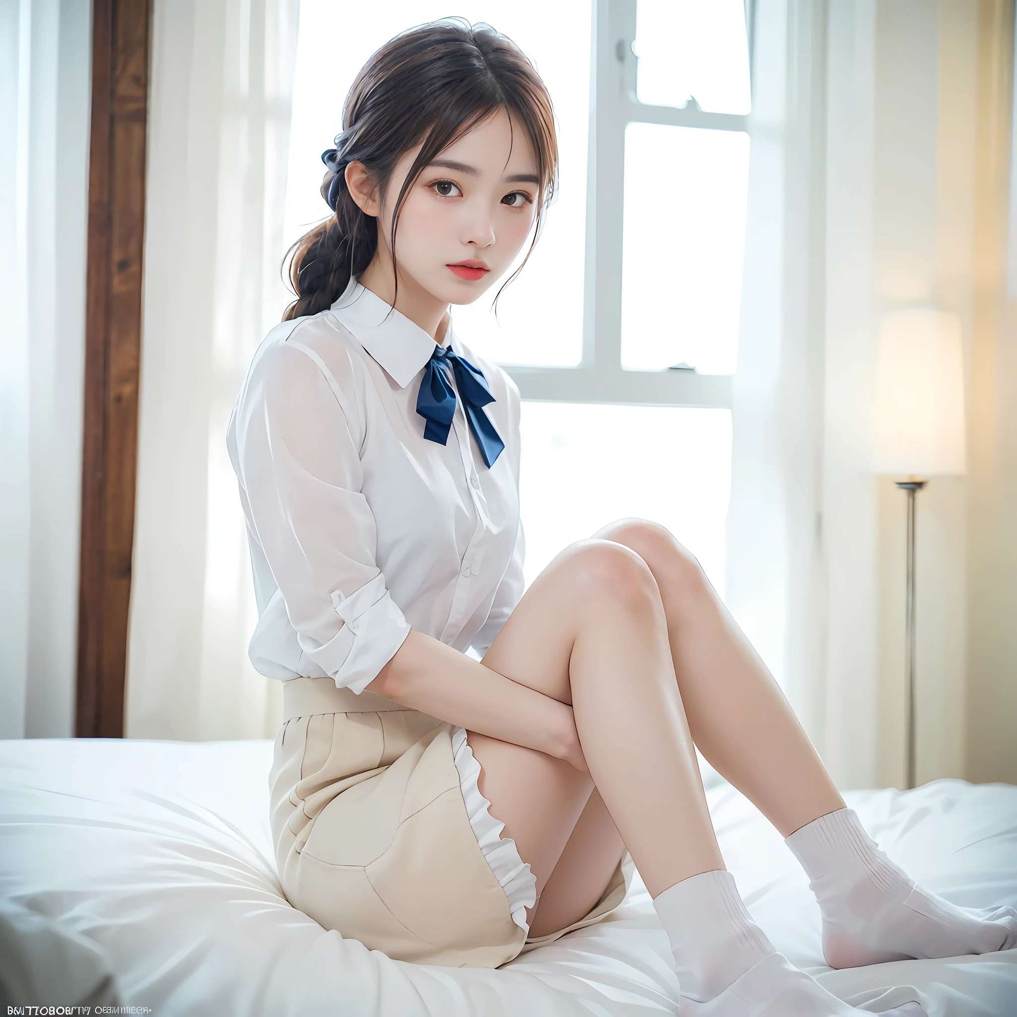Dressed, (Photoreal: 1.4), (Hyperrealistic: 1.4), (Realistic: 1.3), (Smooth Lighting: 1.05), (Improved Cinematic Lighting: 0.9), 32K, 1 Girl, 20 Year Old Girl, Realistic Lighting, Backlit, Face Lights, Ray Tracking, (Bright Light: 1.2), (Quality Improvement: 1.4), ( Realistic textured skin of the highest quality: 1.4), fine detailed eyes, detailed face, fine quality eyes, brown eyes, (tired, sleepy and satisfied: 0.0), with a thin braided hairstyle from the temporal part to the sides, tied with a white ribbon, (blouse with a white collar), (blue ribbon tie on the collar), (enhances the atmosphere of the body line: 1.1), (enhances the beauty of the skin texture: 1.1), on the bed, Dark blue long skirt, white silk ankle-length socks, high quality, masterpiece, highly detailed, high resolution, 4K, ultra high definition, detailed shadows, ultra-realistic, realistic, dramatic lighting, 1girl, solo, detailed face, realistic eyes, realistic skin, dynamic hair, dynamic pose, dynamic angle, white flower dress, white background, ulzzang-6500-v1.1, (raw photo:1.2), (photorealistic:1.4), beautiful detailed girl, very detailed eyes and face, beautiful detailed eyes, ridiculous, incredibly ridiculous, huge file size, super detailed, high resolution, very detailed, best quality, (Bright indoor), (soft light), (low contrast), (shallow depth of field), (portrait of a beautiful woman illuminated by gentle light), (extremely delicate and elegant depiction), (short length bangs), (hair color is a dark chestnut shade with a slight brown tone), (hair with a subtle and gentle wave), (small braids intricately woven on the side of long hair), (adorned with a thin ribbon), (white blouse with small frills), (bow tie), (blue long skirt), (white short ankle socks), illustration, very detailed, CG, unified, 8k wallpaper, amazing, fine detail, best quality, Very detailed CG unified 8k wallpaper, face light, movie lighting, 1girl, 16 years old, ((no panties)), ((dynamic pose))), (camel toe), (half