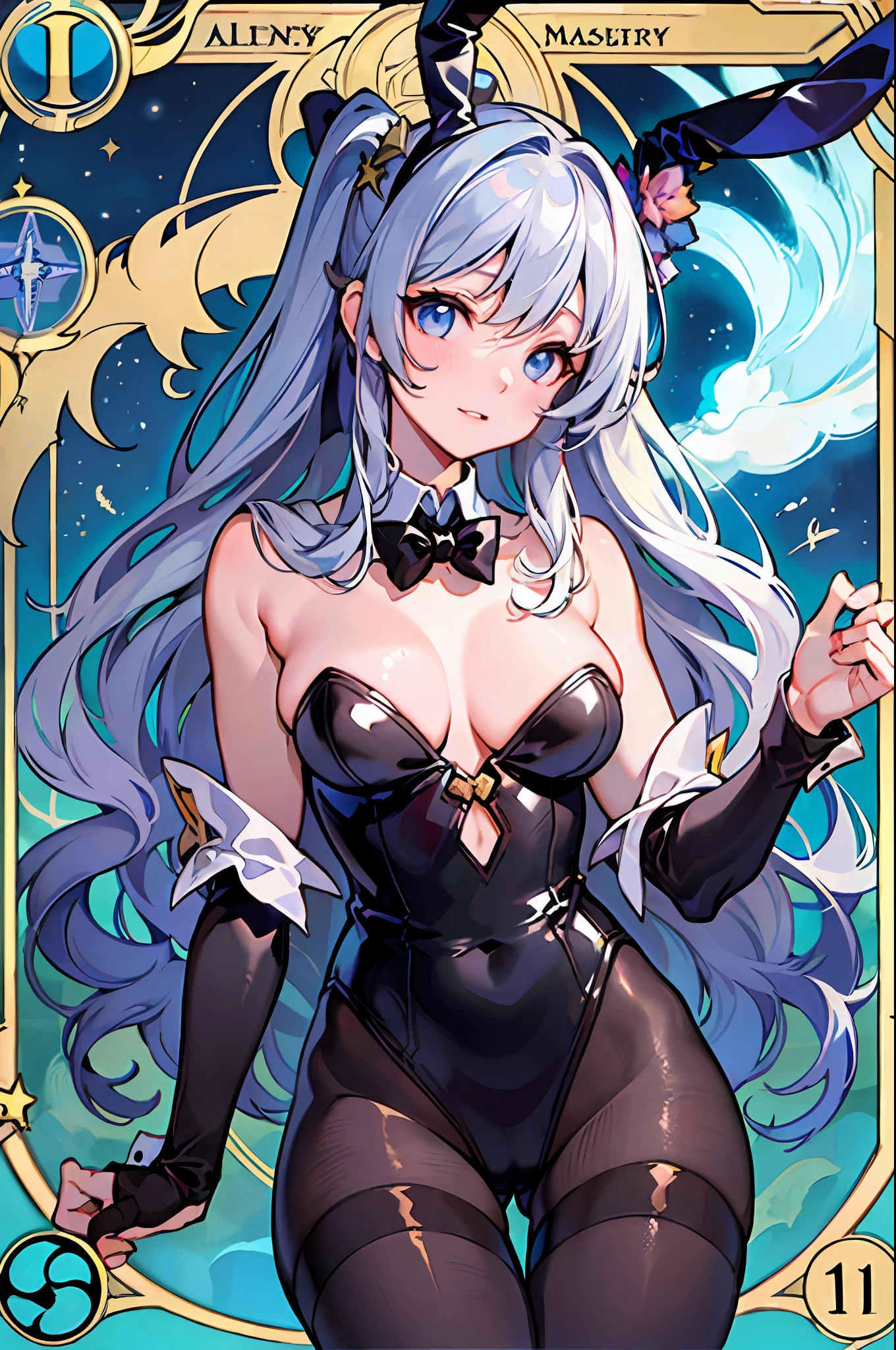 ((masterpiece:1.2, best quality)), 1aldy, solo, (black Bunny girl:1.25), (Alphonse Mucha:1.1), upper body, (front facing), (tarot:1.3), dark, night, (sky), dark cloude, siver Tray, star, milky way, black pantyhose,