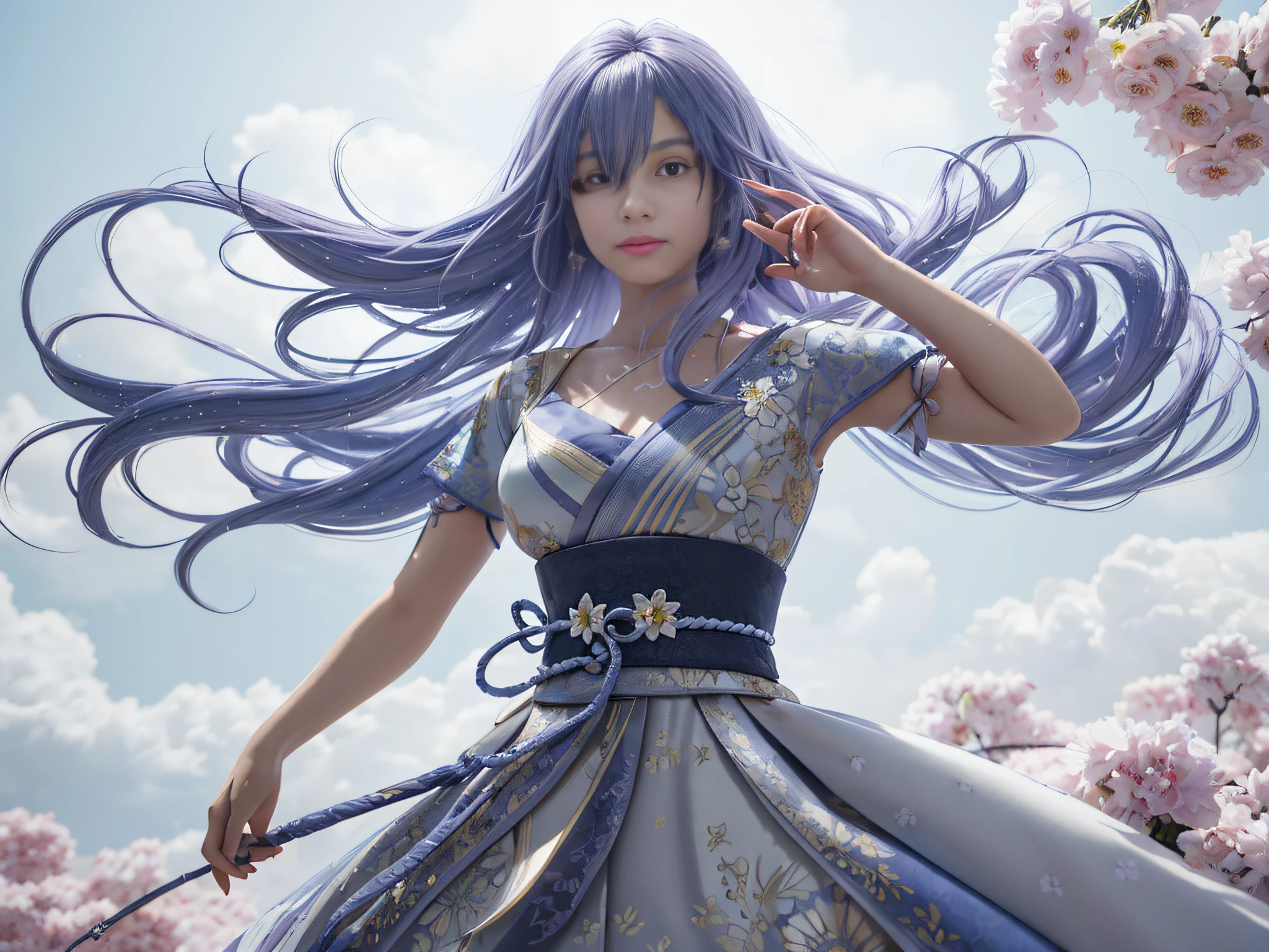 Menina anime com cabelo roxo e vestido azul segurando uma espada, arte cg anime suave, 2. 5 d cgi anime fantasia arte, photorealistic anime girl rendering, estilo anime. 8k, estilo anime 4K, anime estilo 3d, arte de anime digital detalhada, bela arte digital, 3 d render arte do caractere 8 k, Estilo anime 3D realista, 3 d anime realista