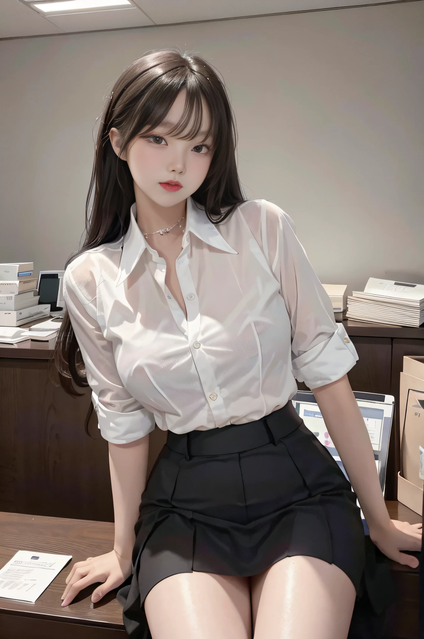Top image quality、Raw photography、超A high resolution、16-year-old Korean、big round chest、Formal shirts、Chic shirt、Tight shirt、Formal Office Skirt、Black Over the Knee Skirt、fair white skin、shiny white skin、Beautiful eyes with random colors、beautiful eyes finely detailed、elongated eyes、pale pink blush、long eyeslashes、beautiful double eyelid、eyeshadows、Glowing brown hair、wrist watch、Big desk of the president of a large company、Large corporate offices、