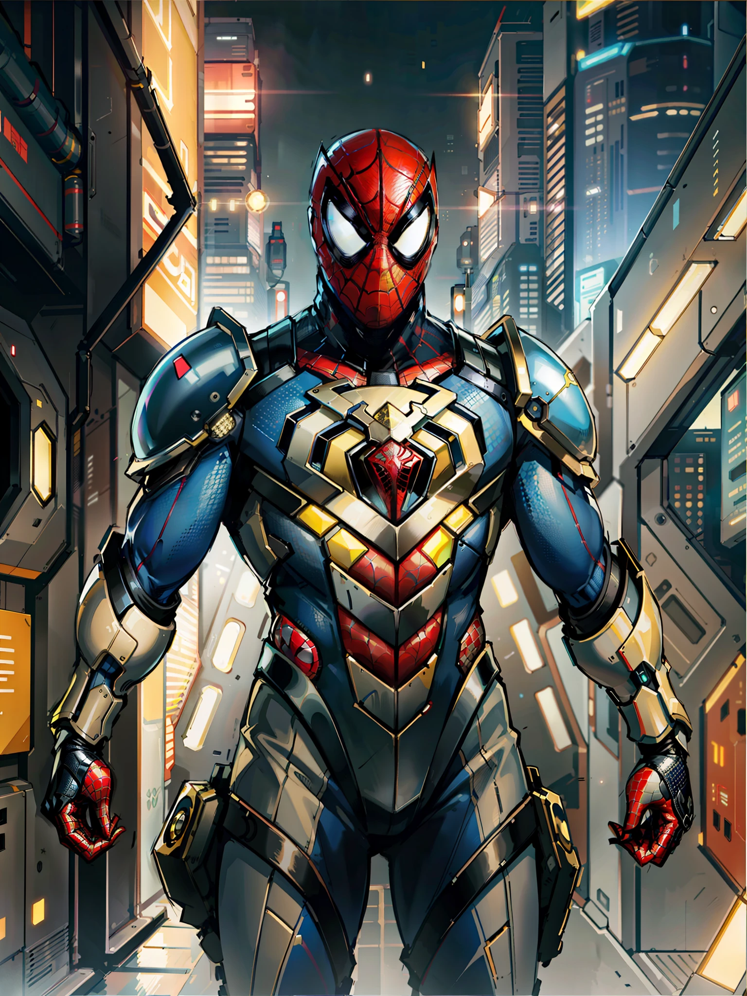 dxhr style mid shot of spiderman, male costume with faceted triangular fractal pattern yellow accents, sleek scifi armor