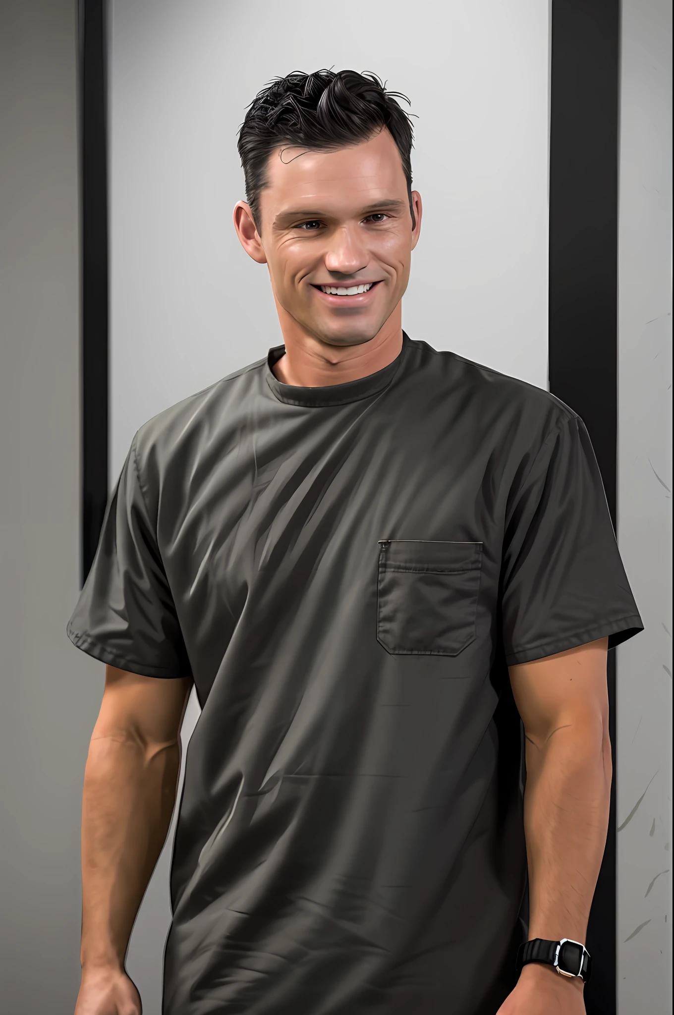 a man combed back black hair, orange prison uniform, upper body, close up, RAW, 8K, UHD, highly detailed face, candid, amateur, [smiling], prisoners in the background