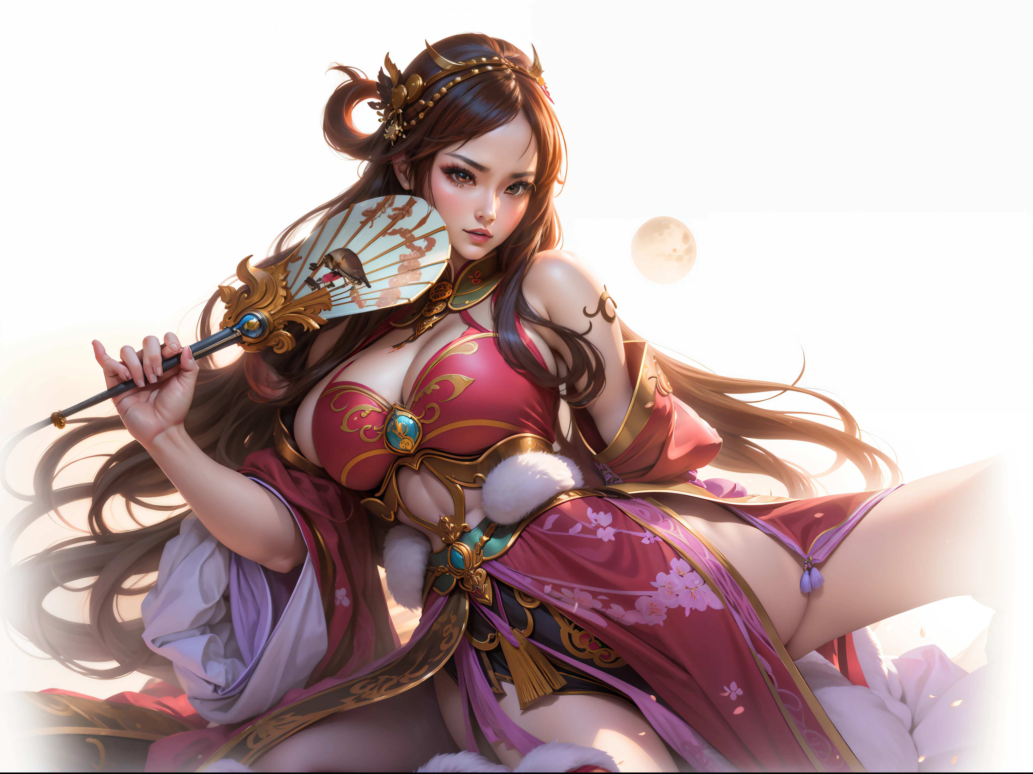 The image of a mink cicada in the Romance of the Three Kingdoms,Raised sexy,long leges,show legs,gigantic cleavage breasts,enchanted,dancing pose,Fan in hand,enchanting,seduce,tmasterpiece,HighestQuali,Highest high resolution,Taoyuan background