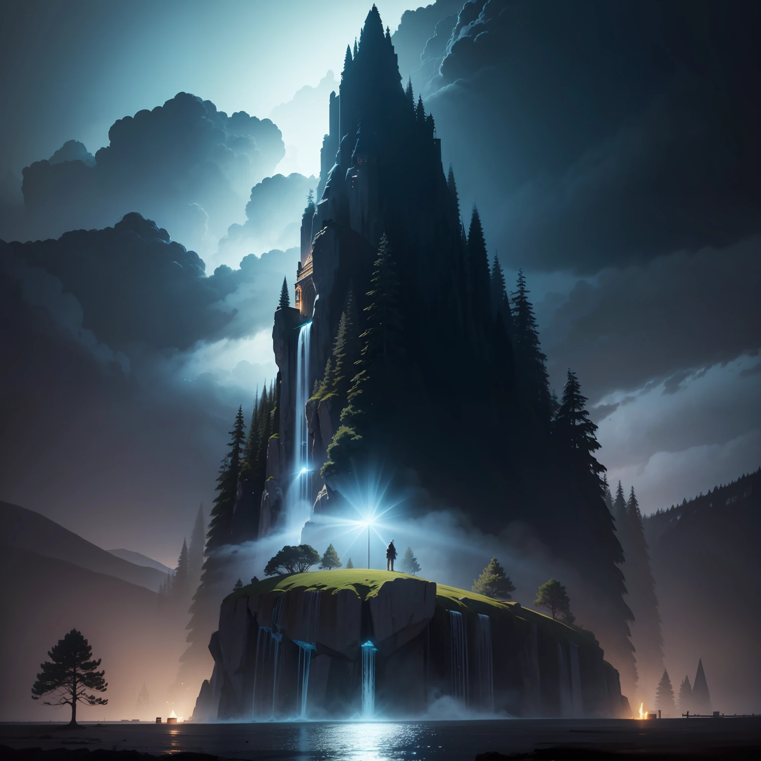 alta qualidade, qualidade mestre, 4k, castelo em meio as montanhas, gig gates of gold chuva meia-noite, altamente detalhado, tempestade, nuvens tempestuosas escuras, Vento impetuoso, paisagem de grama plana, Wetlands, few giant trees, uniform lighting, lighting dramatic, Estilo anime, homem com uma lanterna iluminando o local. --auto