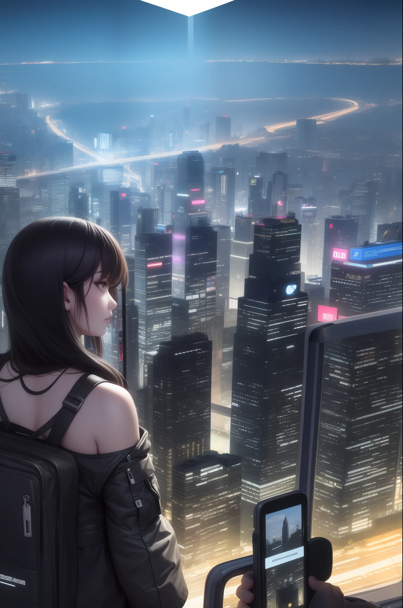 The back of a car full of technology,The background is the night of the city,Full of technology,Cyberpunk style