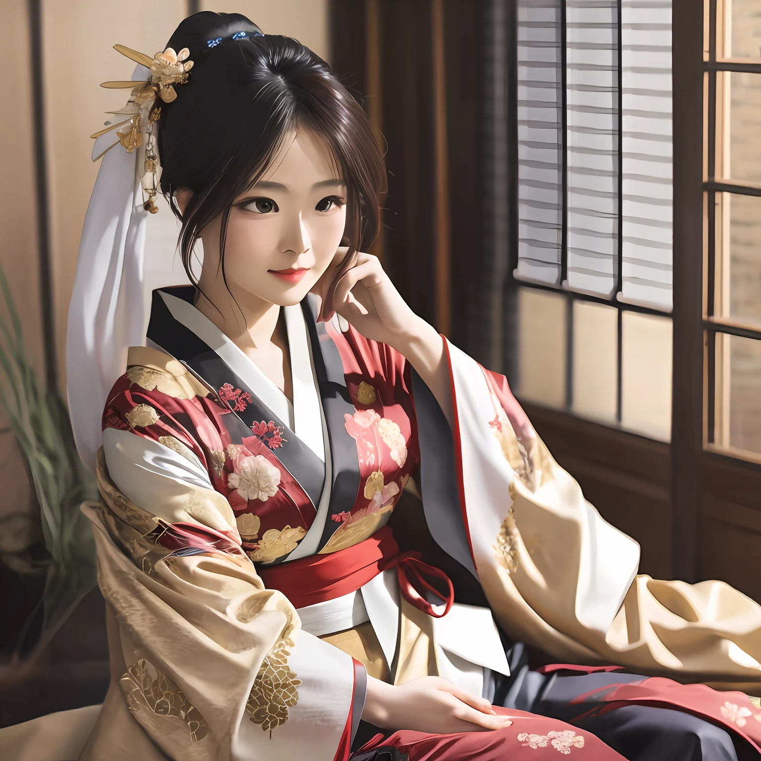 A captivating bewitching image capturing the elegant yet intellectual kimono worn by the character's bewitching beautiful adult woman, who will become her mother-in-law. The kimono's flowing designs are embellished with delicate details, such as intricate embroidery. The warm, golden light from a wide aperture highlights the soft, natural light filtering through the kimono, emphasizing the soft, luminous tones of the scene. shallow depth of field, natural light