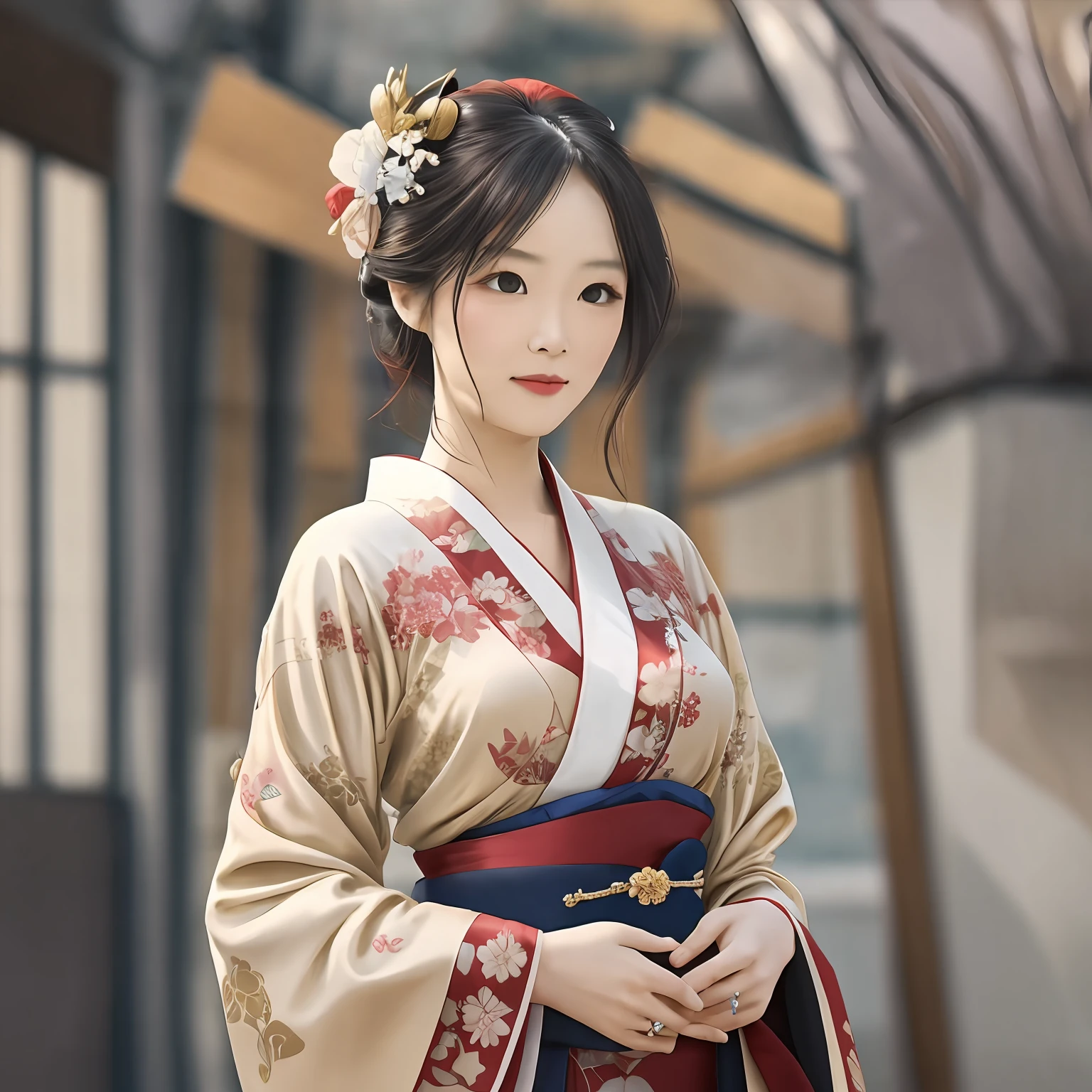 A captivating bewitching image capturing the elegant yet intellectual kimono worn by the character's bewitching beautiful adult woman, who will become her mother-in-law. The kimono's flowing designs are embellished with delicate details, such as intricate embroidery. The warm, golden light from a wide aperture highlights the soft, natural light filtering through the kimono, emphasizing the soft, luminous tones of the scene. shallow depth of field, natural light
