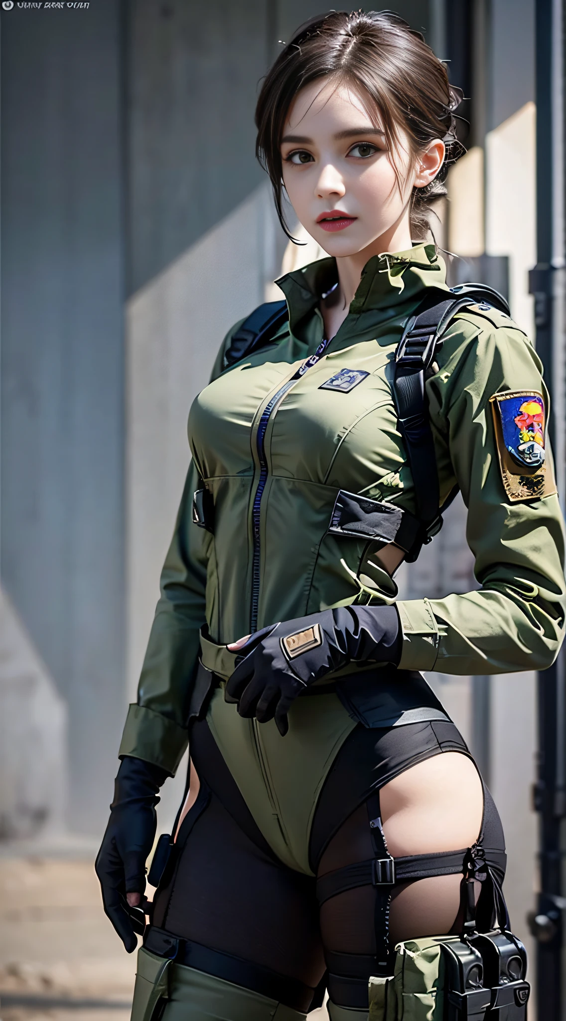 offcial art,Unity8k wallpapers,ultra - detailed,Beauty and aesthetics,Best quality at best,Complicated details,Matte painting,cinematic ligh,(真实感:1.4),ultra - detailed,Beauty and aesthetics,tmasterpiece,Best quality at best,photoreal render,peacful,in a soldier uniform, mechanized soldier girl, quiet from metal gear solid, soldier girl, in a soldier uniform, infantry girls, Emma Watson Vietnam gunner, dieselpunk soldier girl, army suit, soldier outfit, quiet from metal gear solid v, military girl, solo female character, army girl outfit, From Metal Gear