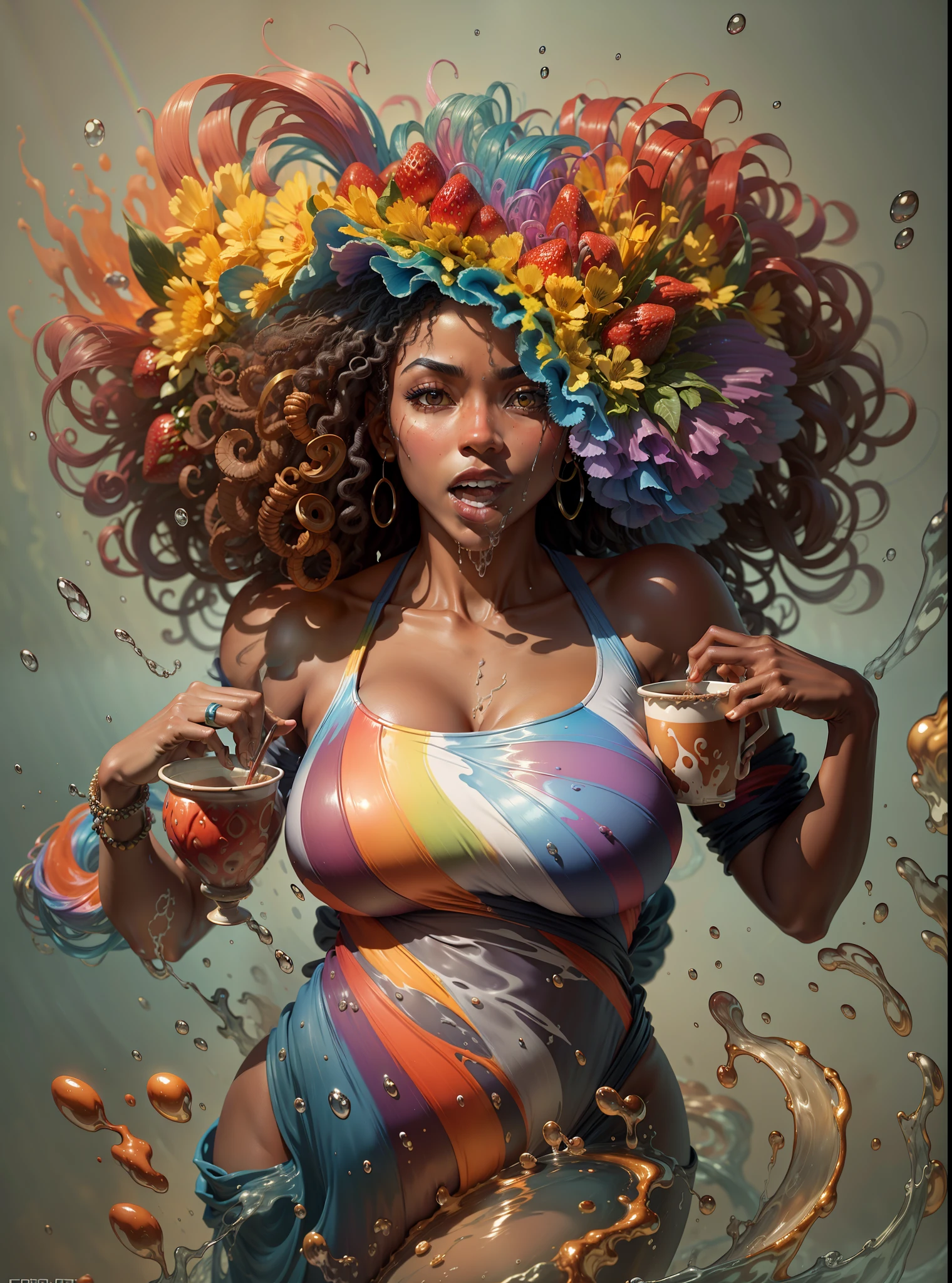 Ebony woman, rainbow curly hair, blast, chapinhar, A cup of strawberry, Falling into the rainbow, fechar para cima, Rainbow is splashing radially, Centralizado, perfect compositio, Estilo Vogue, fotografia de comida criativa, softbox, trending on art station, foco nítido, Studio photo, detalhes intrincados, altamente detalhado, Por Greg Rutkowski, capa de revista de moda, gargantilha,(massive breasts, corpo atraente)