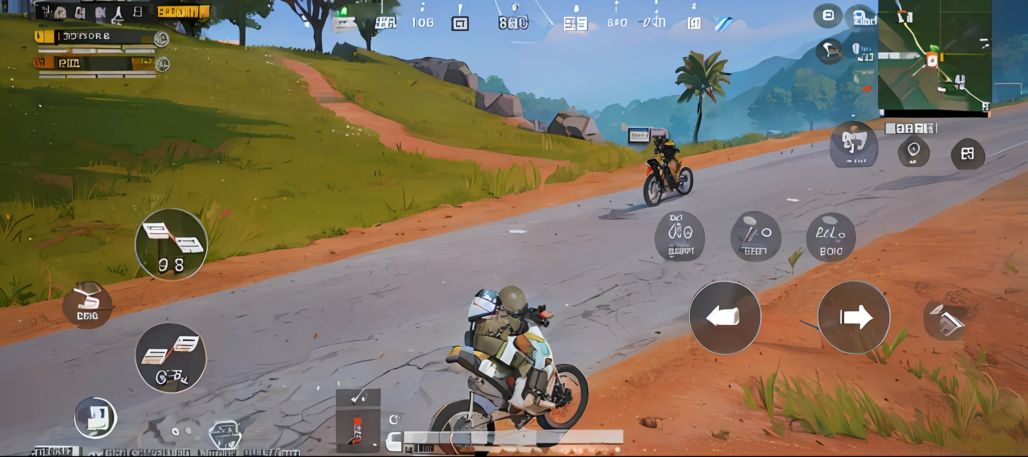 Close-up of a person riding a bike on the road, squad fighting enemy, in pubg, in game, in - game, in-game, on realistic hud, gameplay screenshot with ui, fps view, game footage, gameplay, very low quality, very very low quality, eye - level view, lag in the game, mobile game, game screenshot