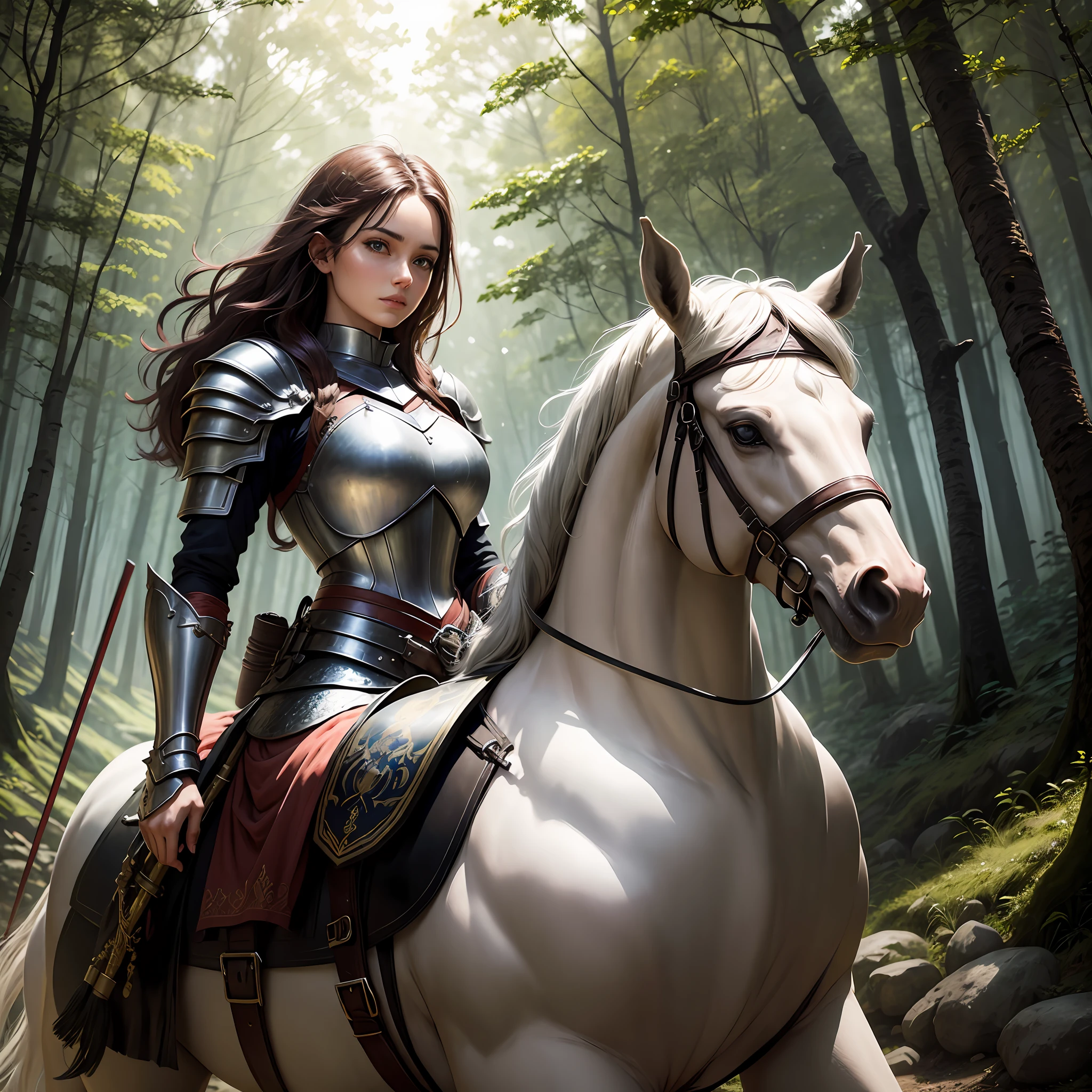 A woman in armor leads a horse through the forest, With a sword around his waist, Medium-hair long, largeeyes, Faraway view, photorealestic, Fantastic effect, UHD, highres, high details --auto