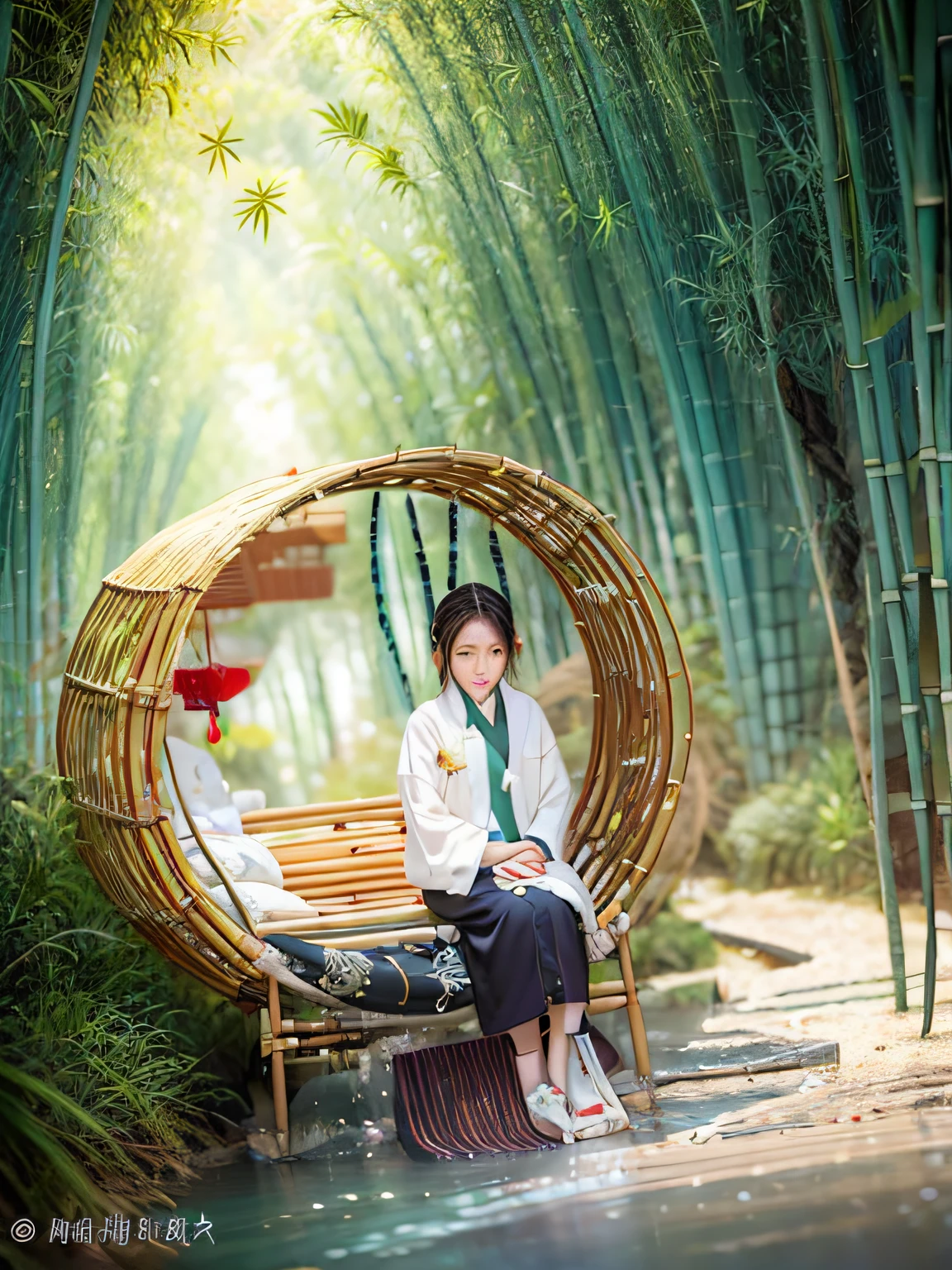 Arapei sits on a bench in a bamboo forest, in bamboo forest, sitting in a small bamboo boat, bamboos, Inspired by Tang Yifen, inspired by Nam Gye-u, inspired by Liu Haisu, inspired by Jiang Tingxi, inspired by Li Keran, inspired by Li Di, inspired by Ma Yuanyu