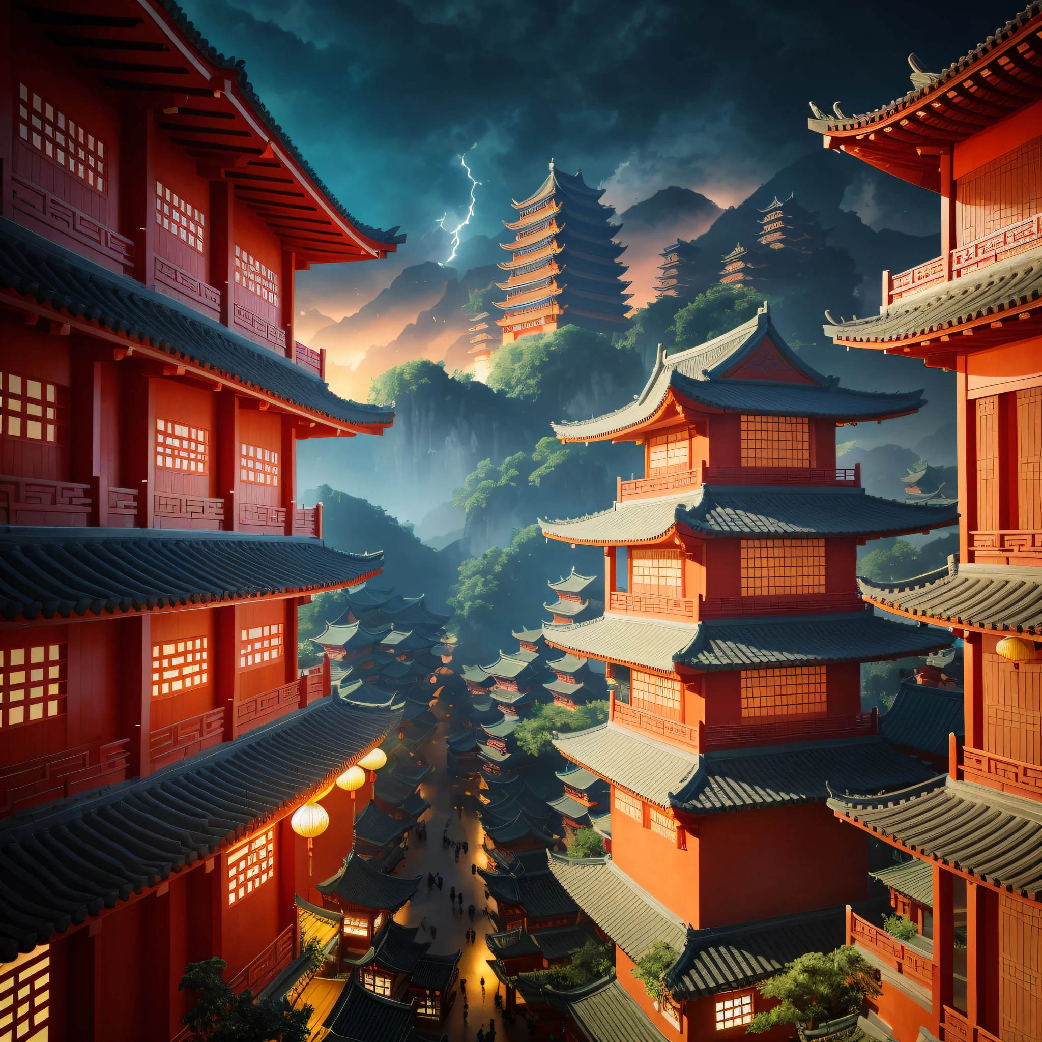 "Chinese ancient city，Located on the cloud，Cyberpunk style ancient city，dreamy Chinese towns，Beautiful architecture of the Tang Dynasty，Digital pagoda painting in fantasy style，Huge futuristic old city，chinese traditional architecture，Chinese fantasy world，extravagant matte painting，The landscape is staggered during thunderstorms，Wide-angle lens effect，Tile house under the red wall at night，Towering buildings，Electric current and clouds are intertwined，The ground view looks up，Rendering with corona effect，Architectural renderings taken from exterior，Artistic rendering of the luxurious headquarters，A lot of lightning。"