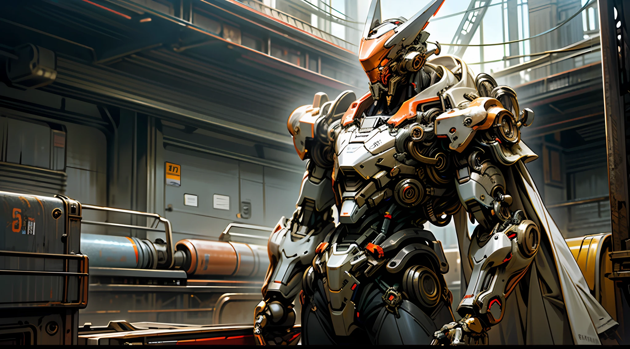 Dark_Fantasy,Cyberpunk,(chain saw,chain saw man,Red:1.1),1man,Mechanical marvel,Robotic presence,Cybernetic guardian, wearing a worn-out mech suit, intricate, (steel metal [rusty]), elegant, clear focus, shot by greg rutkowski, soft lighting, vibrant colors, masterpiece, ((street)), cowboy shot, dynamic pose,