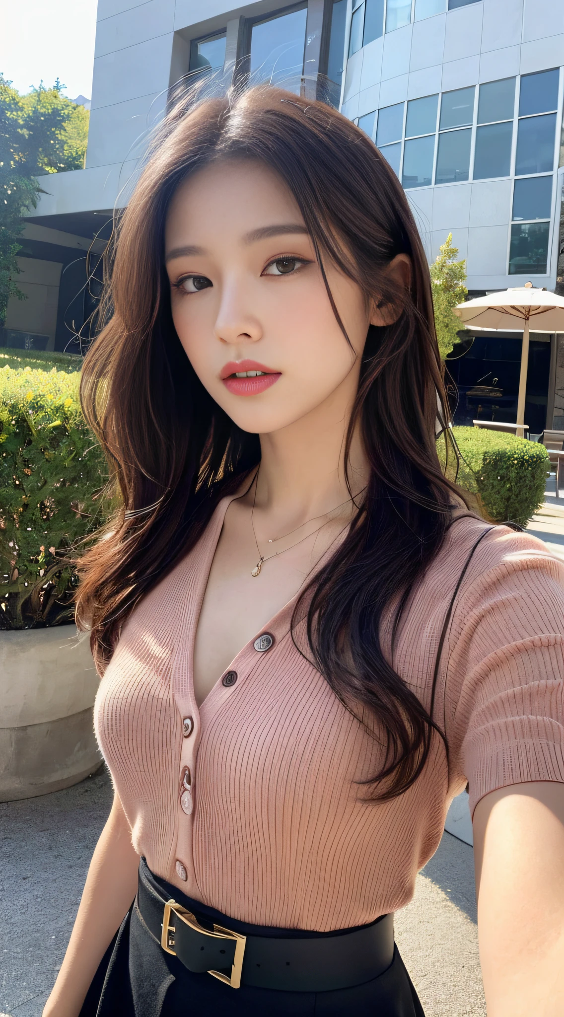 (Best quality, high resolution, masterpiece: 1.3), a tall and beautiful woman, slender abs, dark brown hair in loose wavy styling, breasts, wearing a necklace, red buttoned shirt, belt, black skirt, (modern architecture in the background), face and skin texture in beautifully presented details, detailed eyes, double eyelids, selfie angle