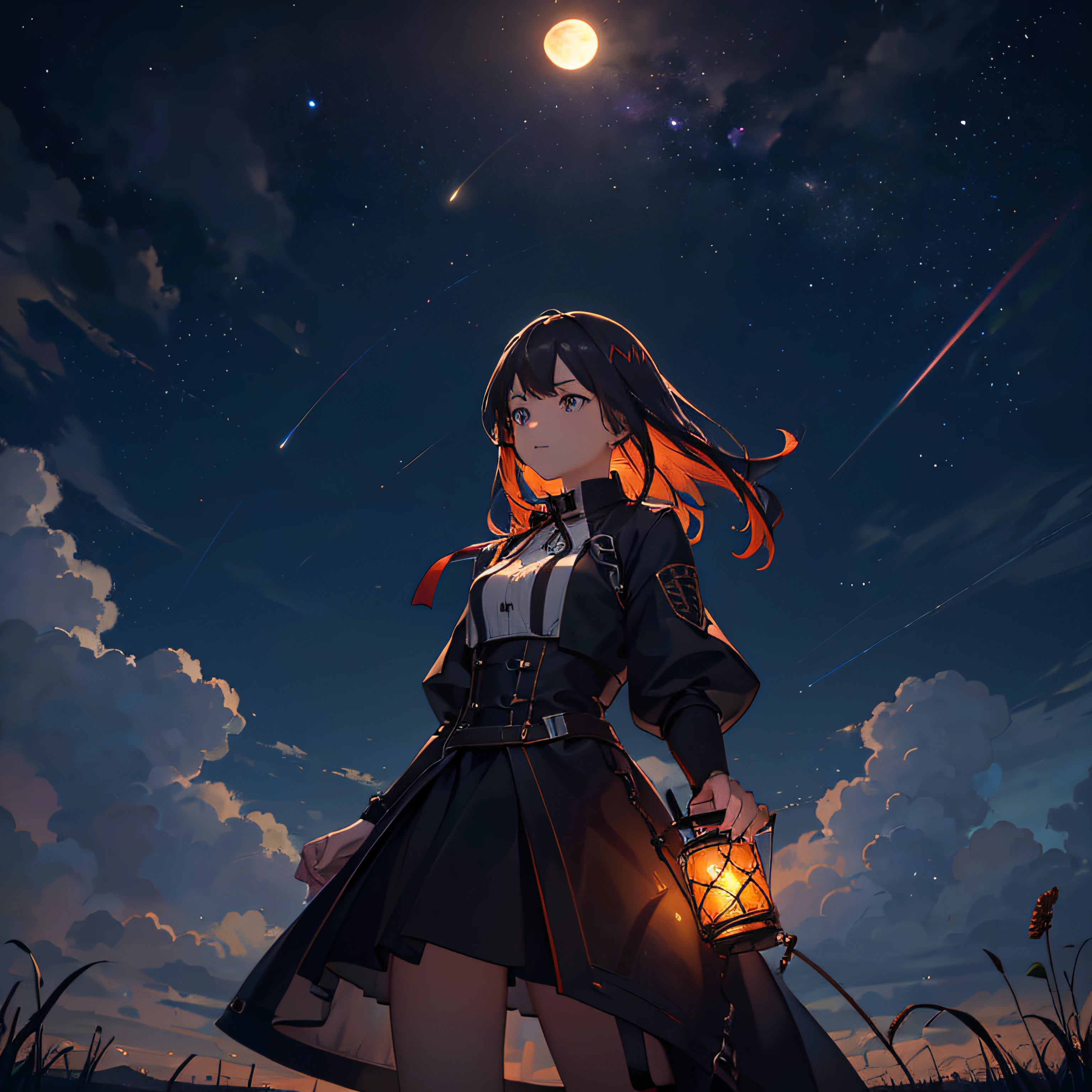 A wide landscape photo, (viewed from below, the sky is above, and the open field is below), a girl standing on a flower field looking up, (full moon: 1.2), (meteor: 0.9), (nebula: 1.3), distant mountains , Trees BREAK Crafting Art, (Warm Light: 1.2), (Firefly: 1.2), Lights, Lots of Purple and Orange, Intricate Details, Volumetric Lighting BREAK (Masterpiece: 1.2), (Best Quality), 4k, Ultra Detailed, (Dynamic Composition: 1.4), Rich in Detail and Color, (Rainbow Color: 1.2), (Glow, Atmospheric Lighting), Dreamy, Magical, (Solo: 1.2) --auto