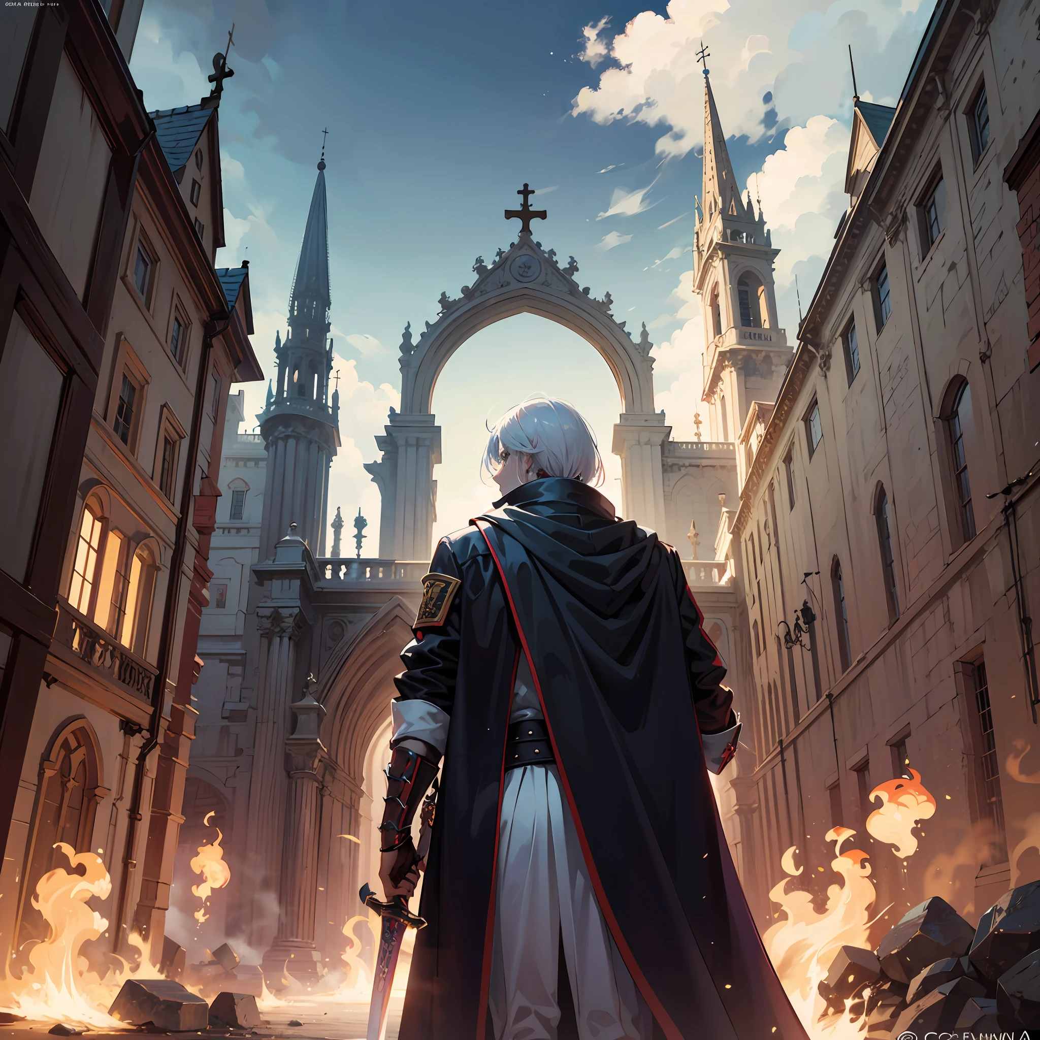 Inspired not anime Fate-first work, back vision, igreja pegando fogo, with sword in hand, Homem, espada, hand, capa, Costas, Cabelo branco, cabelo curto, fogo, town square, igreja, igreja, catedral, Circle of inevitability, hero scene, hero scene, rua, mundo de fantasia, sombra, story, fogo, muito fogo, queimado, apocalipse, noite, Noite, nuvens, vento, Escuro, espada escura, aura, tempestade, lua carmesim, moon, sangue